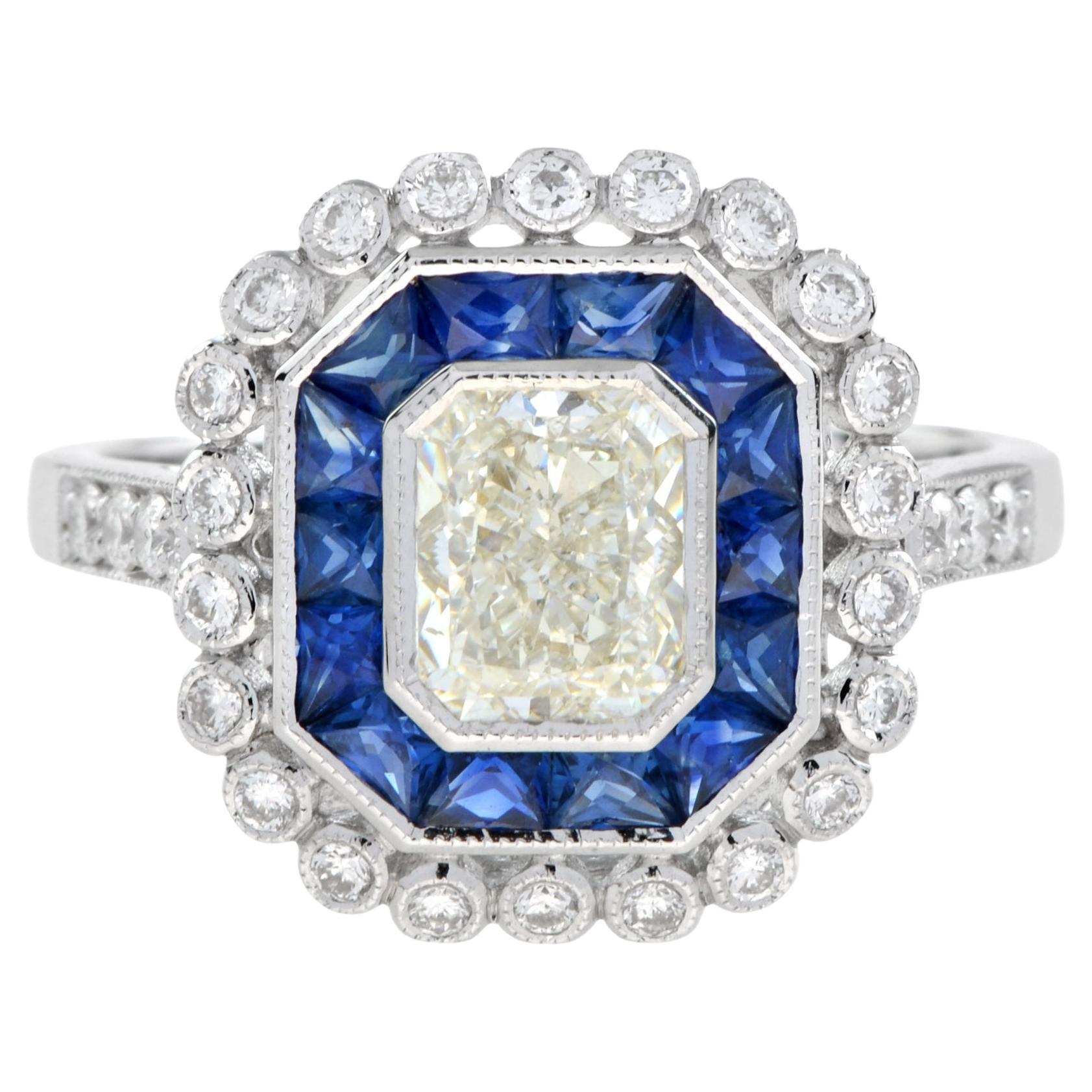 GIA 1.04 Ct. Diamond Sapphire Art Deco Style Engagement Ring in 18K White Gold