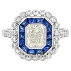 GIA 1,04 qt. Anillo de compromiso de diamantes y zafiros estilo Art Déco en oro blanco de 18 quilates