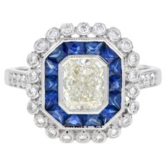 GIA 1.04 Ct. Diamond Sapphire Art Deco Style Engagement Ring in 18K White Gold