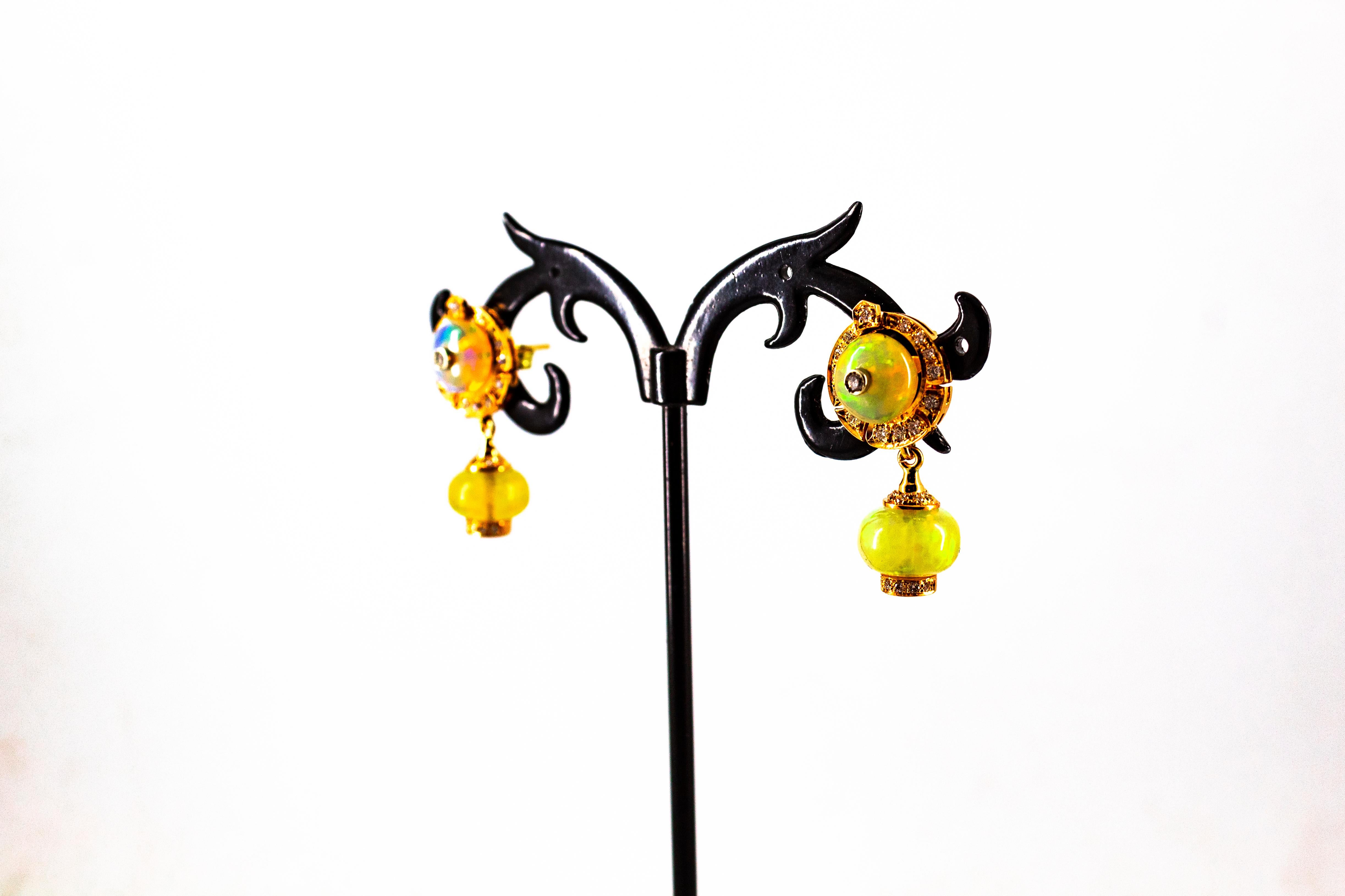 Art Deco Style 10.45 Carat White Diamond Opal Yellow Gold Dangle Stud Earrings 14