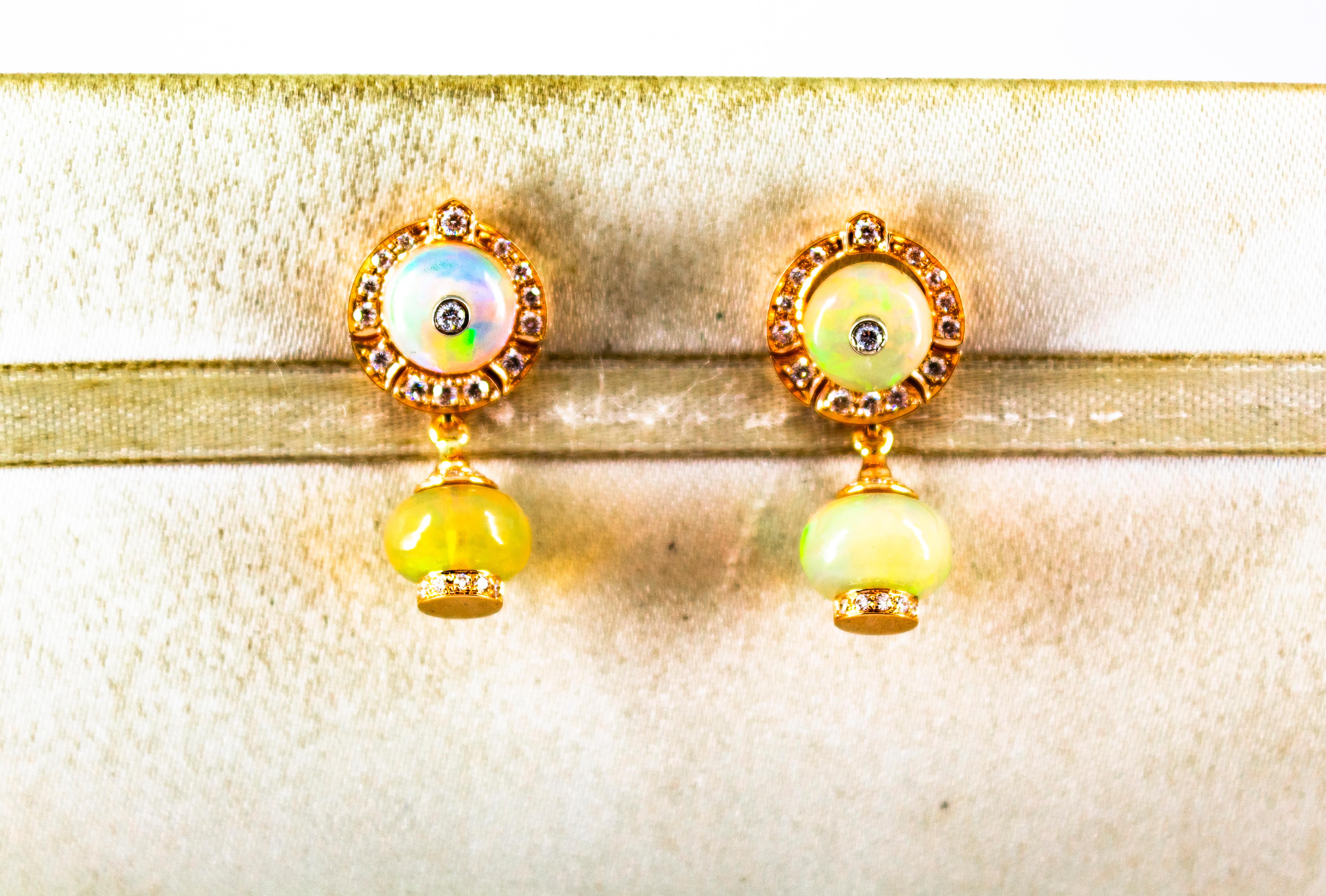 Women's or Men's Art Deco Style 10.45 Carat White Diamond Opal Yellow Gold Dangle Stud Earrings