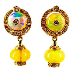 Art Deco Style 10.45 Carat White Diamond Opal Yellow Gold Dangle Stud Earrings