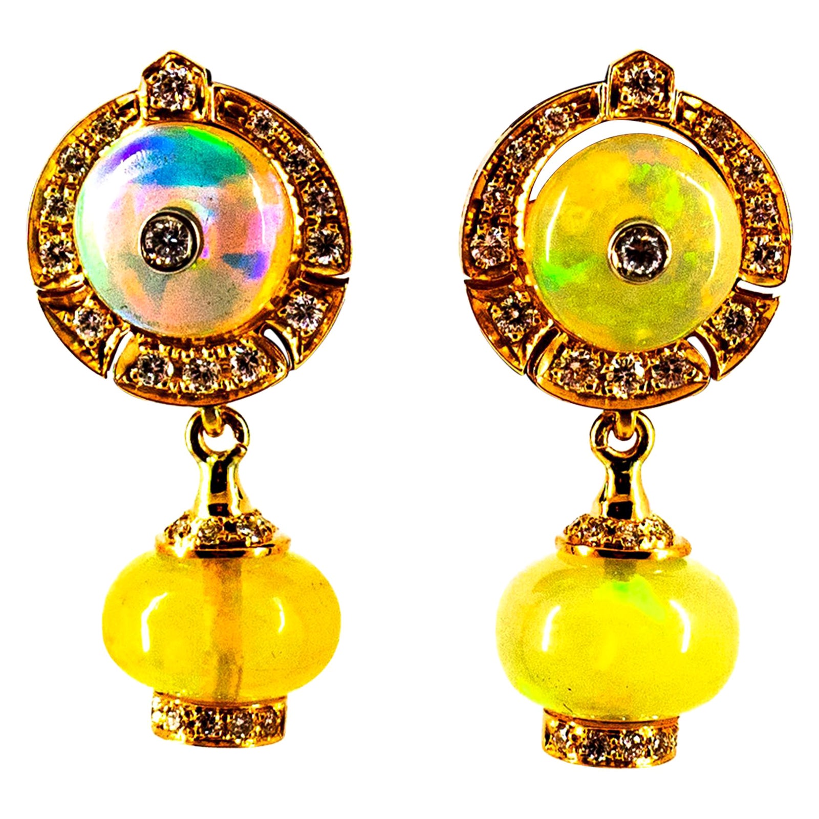 Art Deco Style 10.45 Carat White Diamond Opal Yellow Gold Dangle Stud Earrings For Sale
