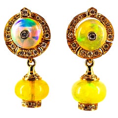 Clous d'oreilles en or jaune avec opale et diamants blancs de 10,45 carats, style Art déco
