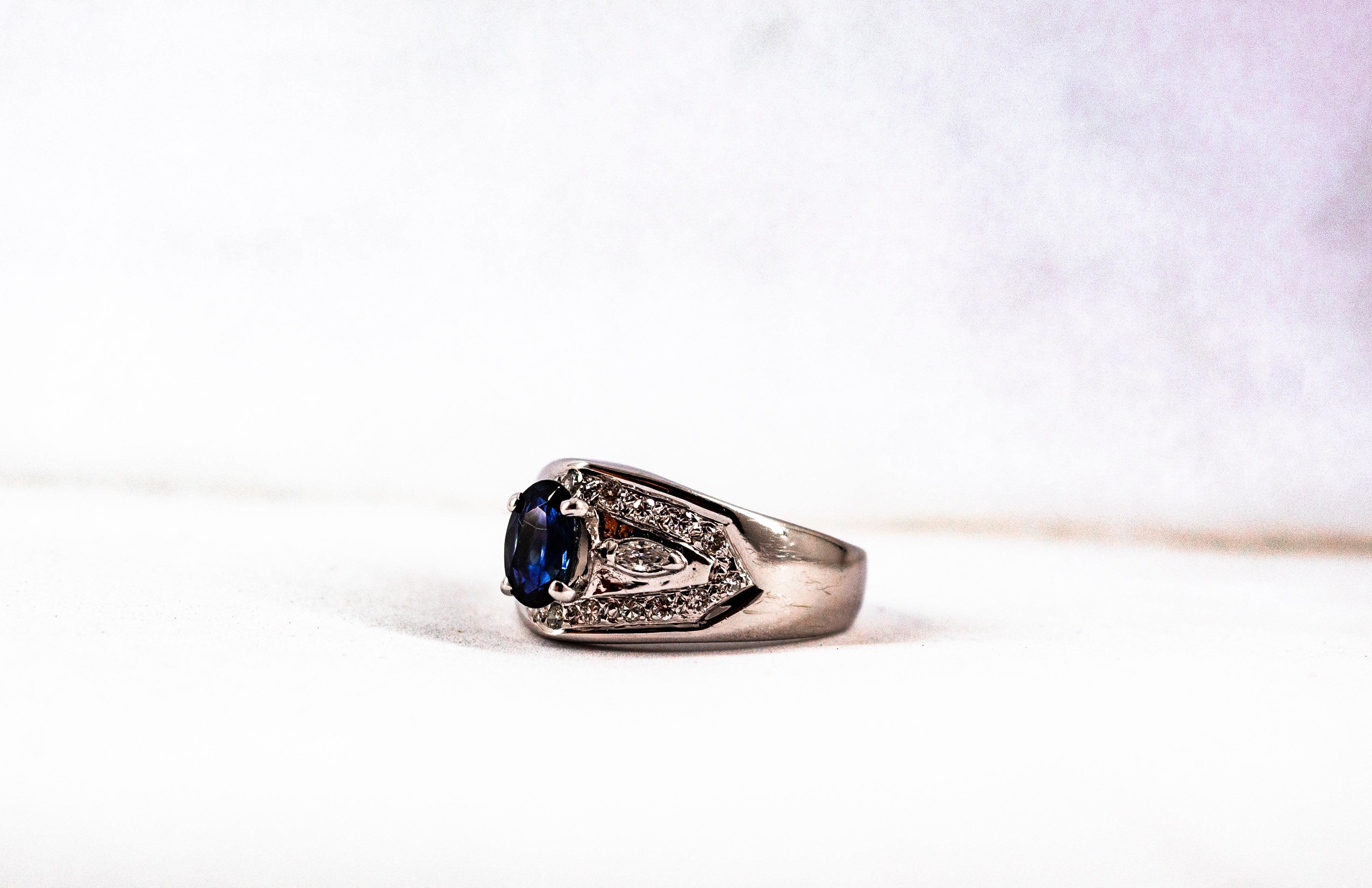 Art Deco Style 1.05 Carat Modern Round Cut Diamond Blue Sapphire White Gold Ring For Sale 6