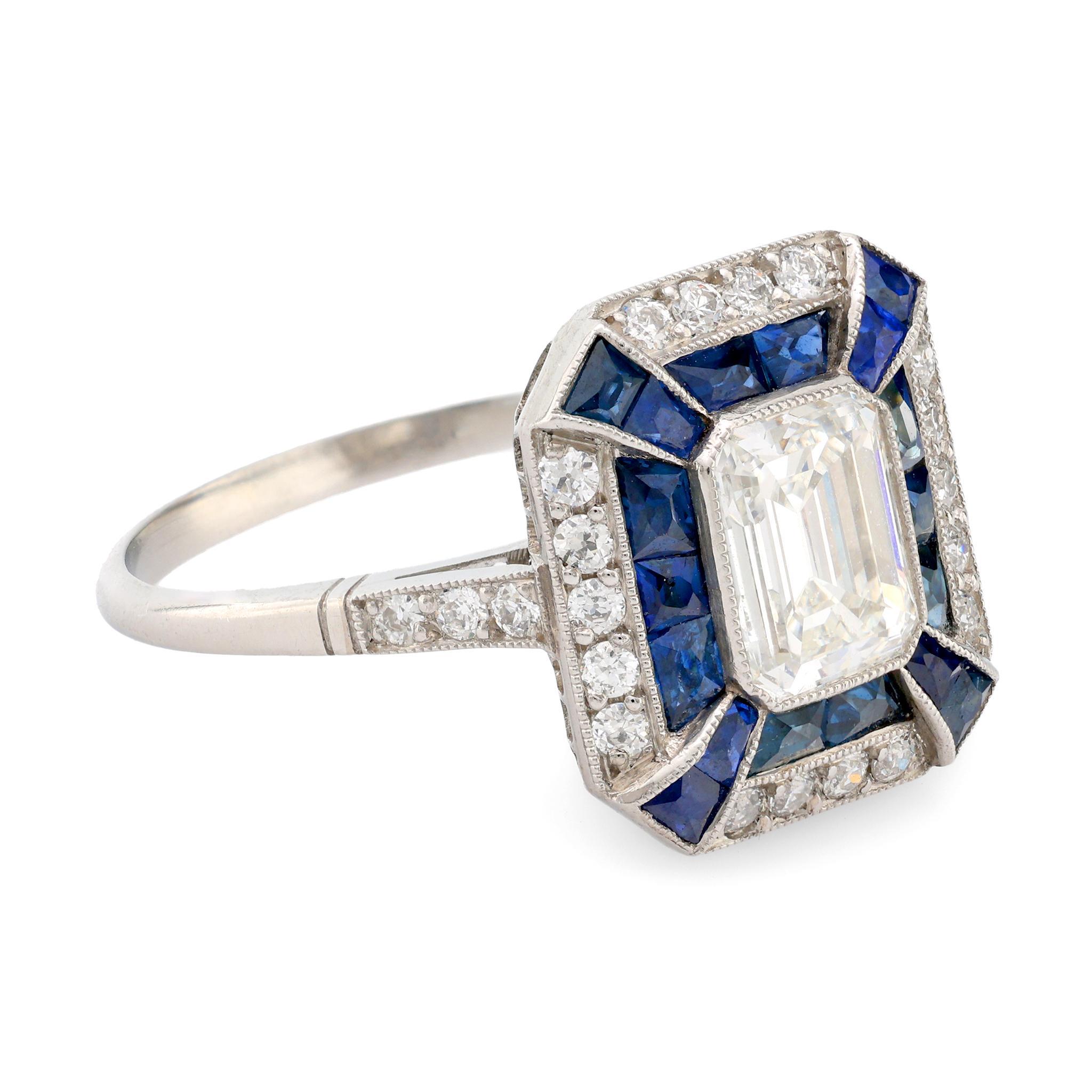 Anillo de platino con zafiro y diamantes de 1,06 quilates estilo Art Déco Art Decó en venta
