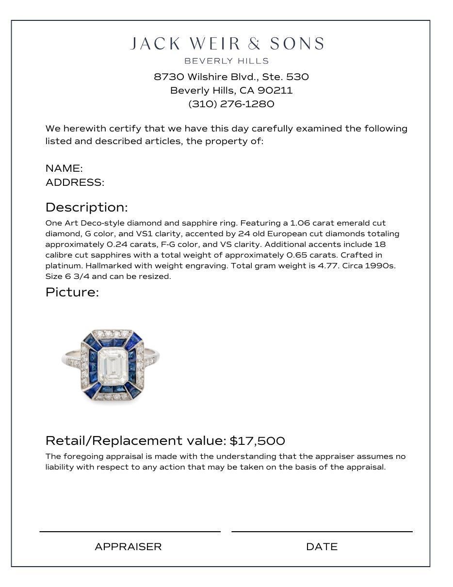 Anillo de platino con zafiro y diamantes de 1,06 quilates estilo Art Déco en Excelente estado para la venta en Beverly Hills, CA