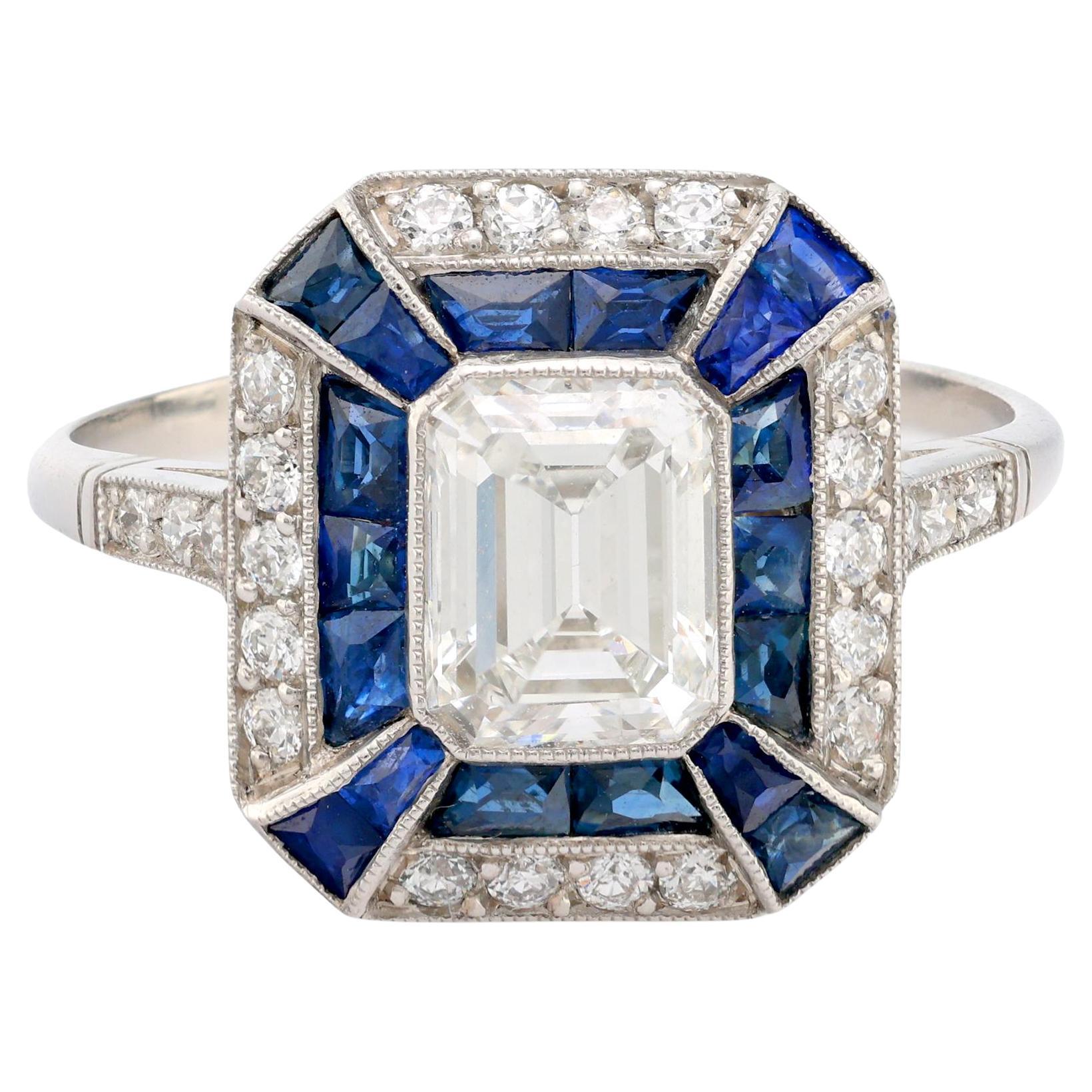 Art Deco style 1.06 carat diamond sapphire platinum ring