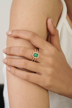 Art Deco Style 1.06ct Emerald Diamond Halo Split Shank Ring in 14K Yellow Gold