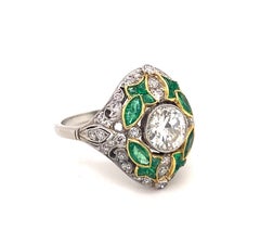 Art Deco Style 1.08 Center Diamonds Emeralds Platinum Filigree Ring