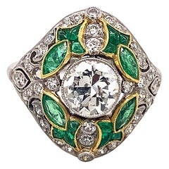 Art Deco Style 1.08 Center Diamonds Emeralds Platinum Filigree Ring