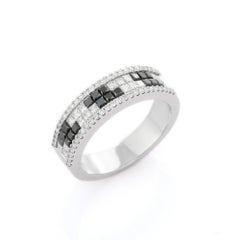 Unisex Black White Diamond Engagement Band Ring Gift for Him in 18k White Gold