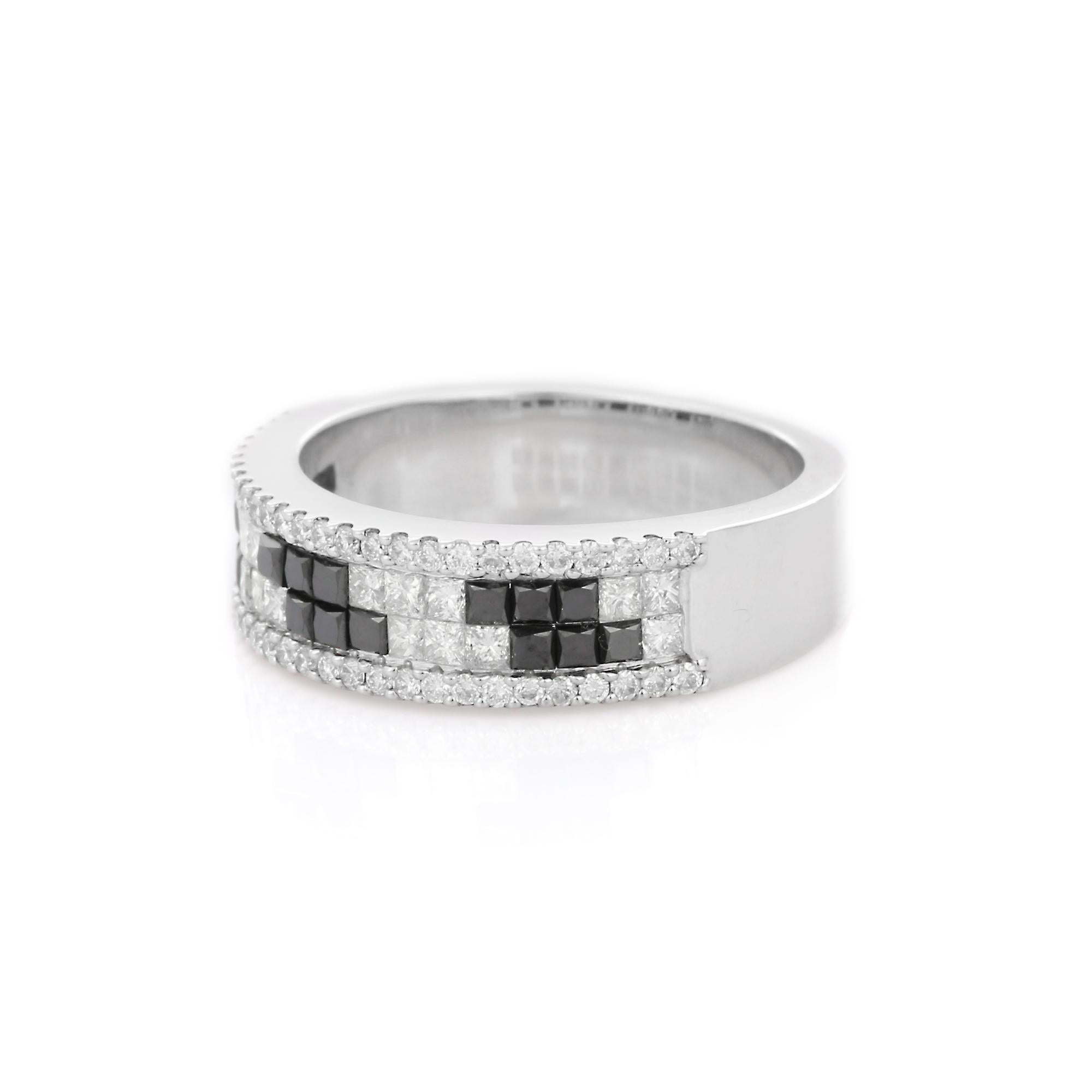 For Sale:  Unisex Black White Diamond Engagement Band Ring Gift for Him in 18k White Gold  3