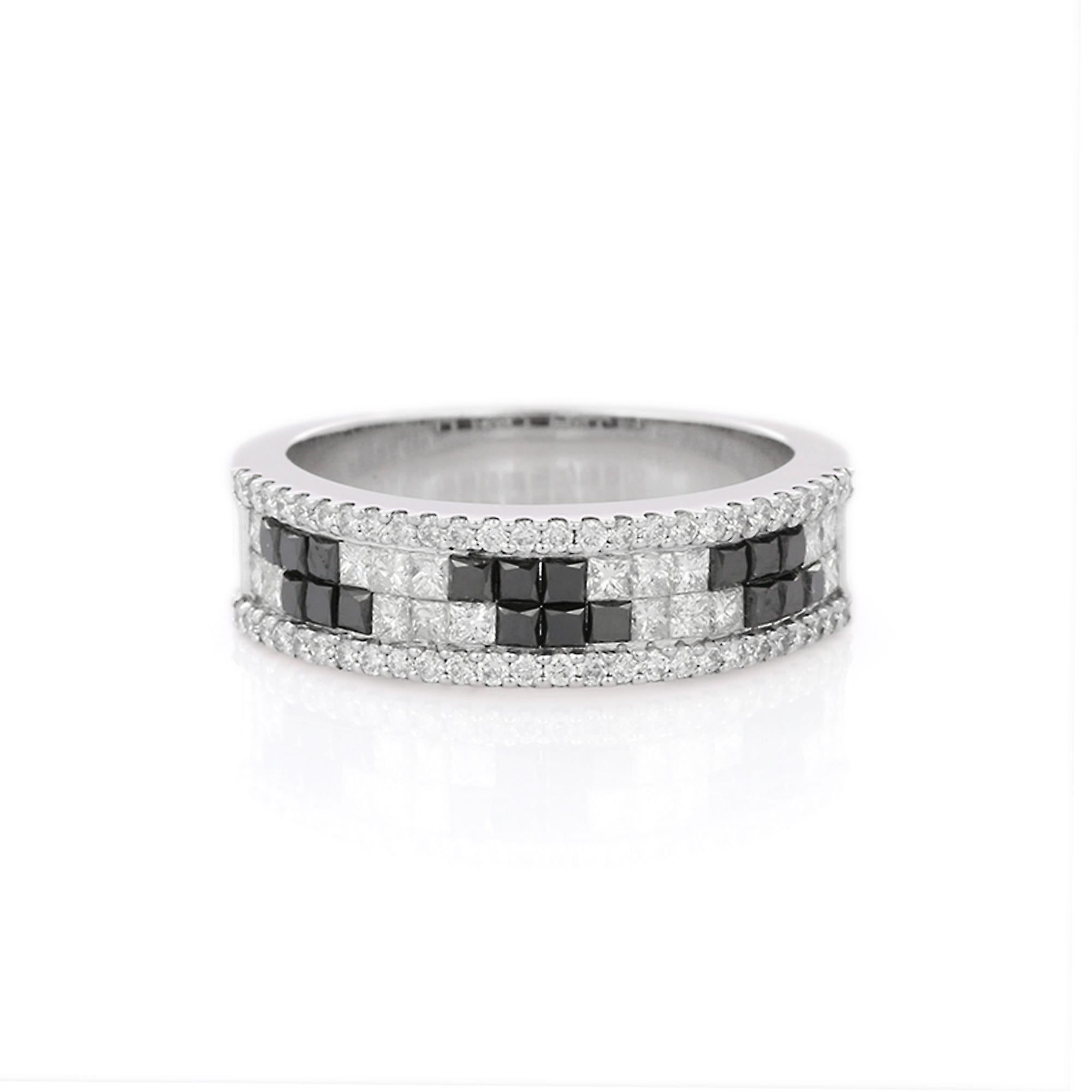 For Sale:  Unisex Black White Diamond Engagement Band Ring Gift for Him in 18k White Gold  5