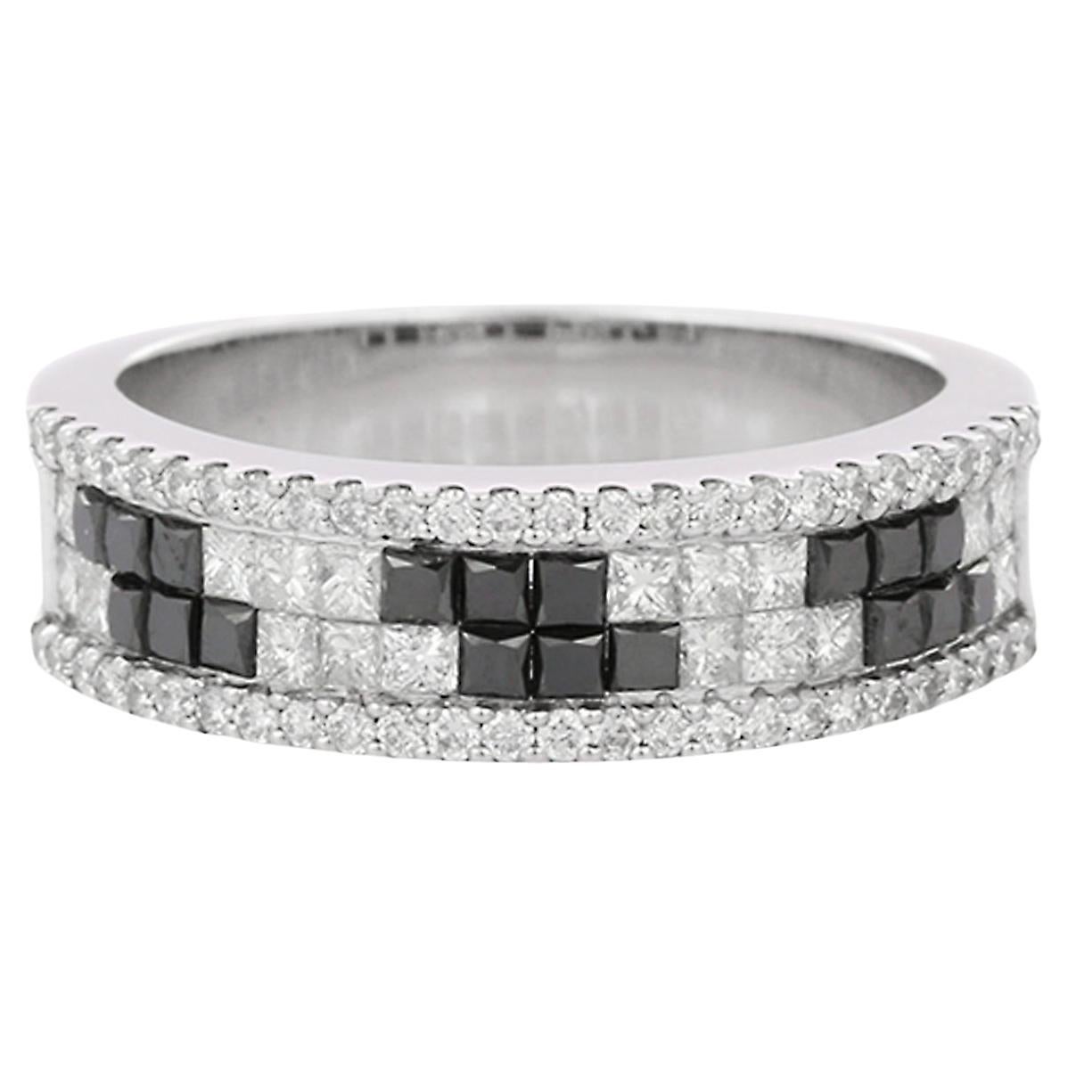 Unisex Black White Diamond Engagement Band Ring Gift for Him in 18k White Gold