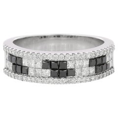 Unisex Black White Diamond Engagement Band Ring Gift for Him in 18k White Gold 