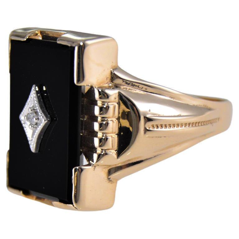 Women's or Men's Art Deco Style 10Kt. Solid Gold Signet Ring With Black Onyx and Diamond Size 10 For Sale