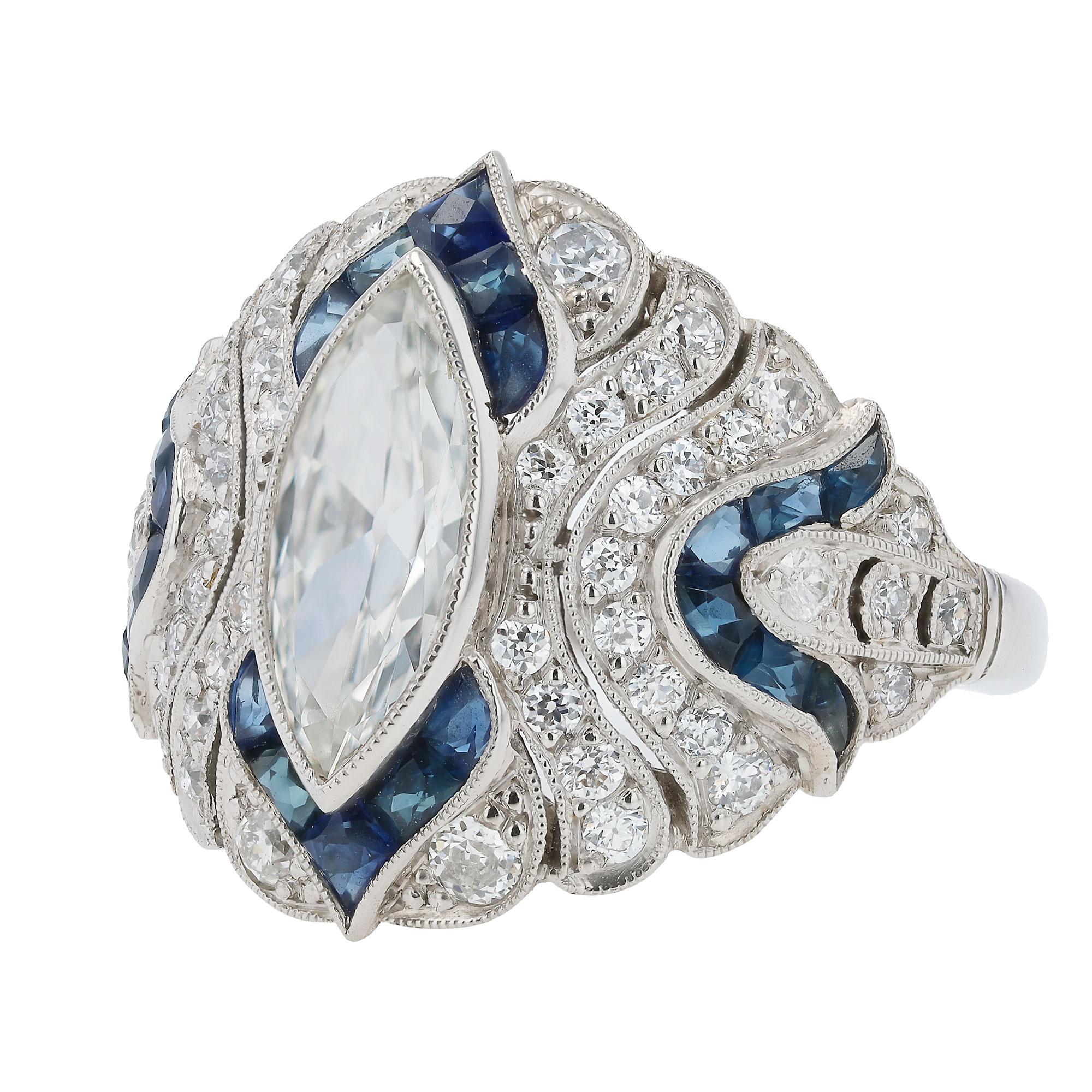 Marquise Cut Art Deco Style 1.10 Carat Marquise Diamond & Sapphire Cocktail Ring For Sale