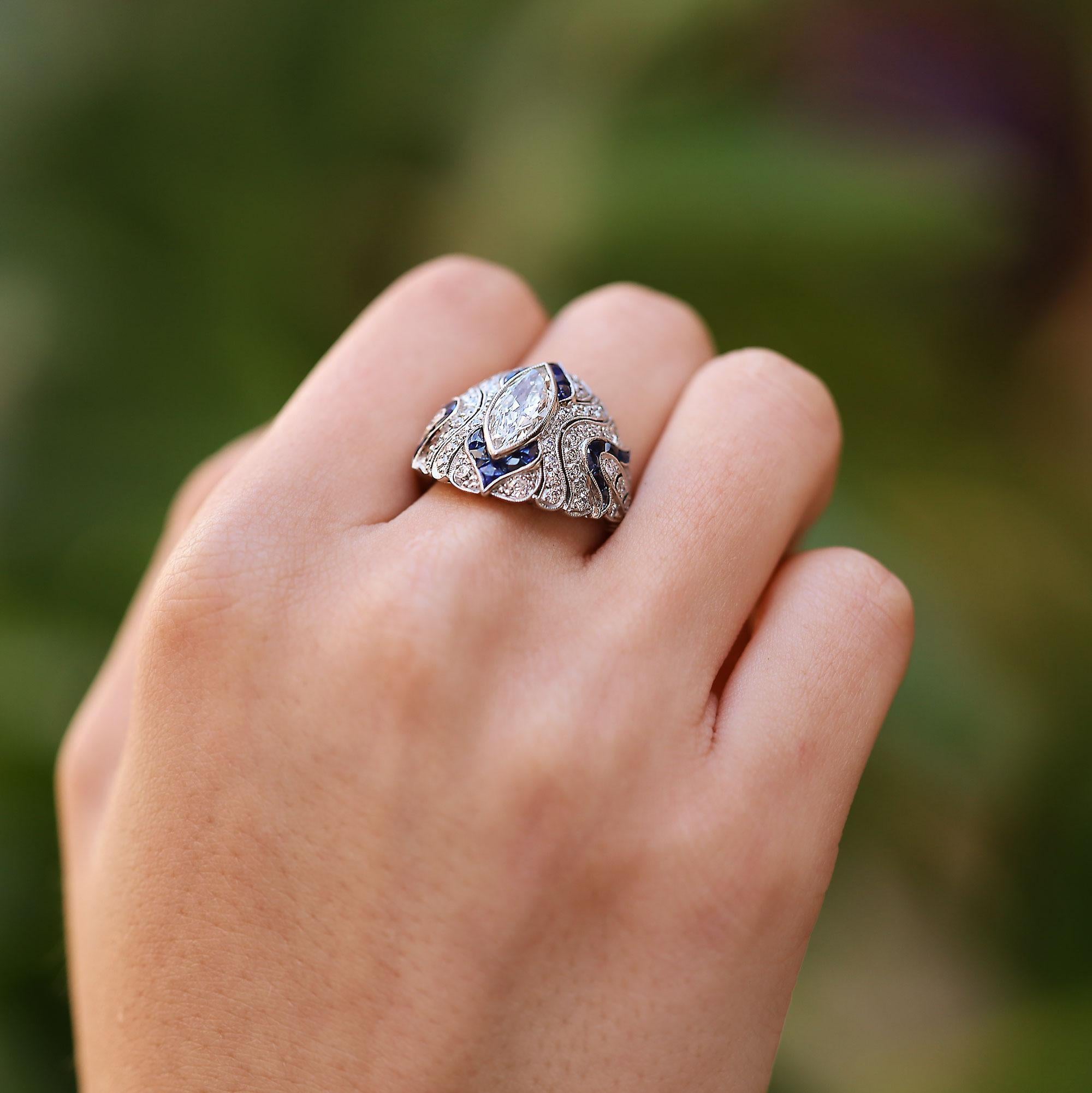 Art Deco Style 1.10 Carat Marquise Diamond & Sapphire Cocktail Ring In New Condition For Sale In Santa Barbara, CA