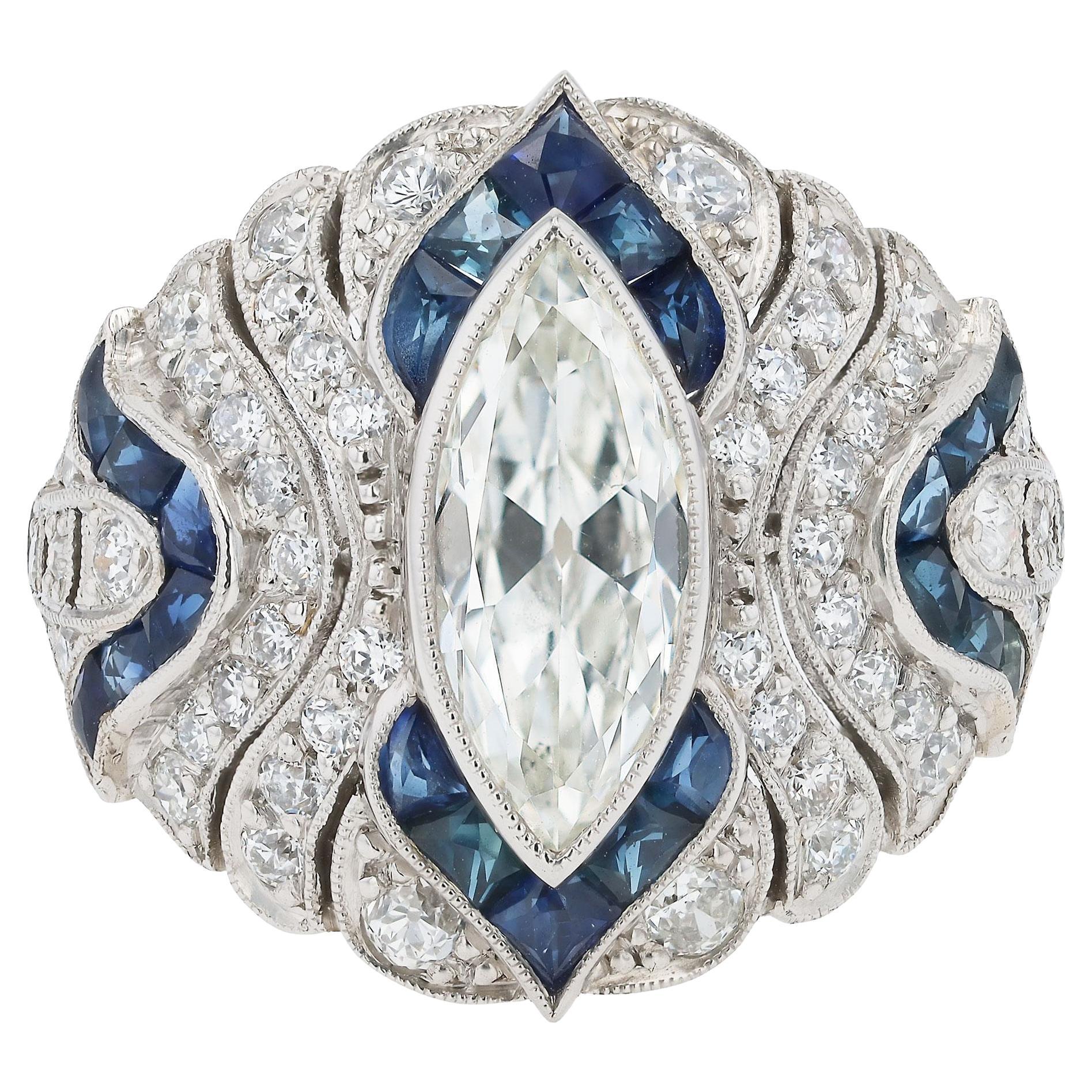 Art Deco Style 1.10 Carat Marquise Diamond & Sapphire Cocktail Ring