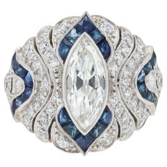 Art Deco Style 1.10 Carat Marquise Diamond & Sapphire Cocktail Ring