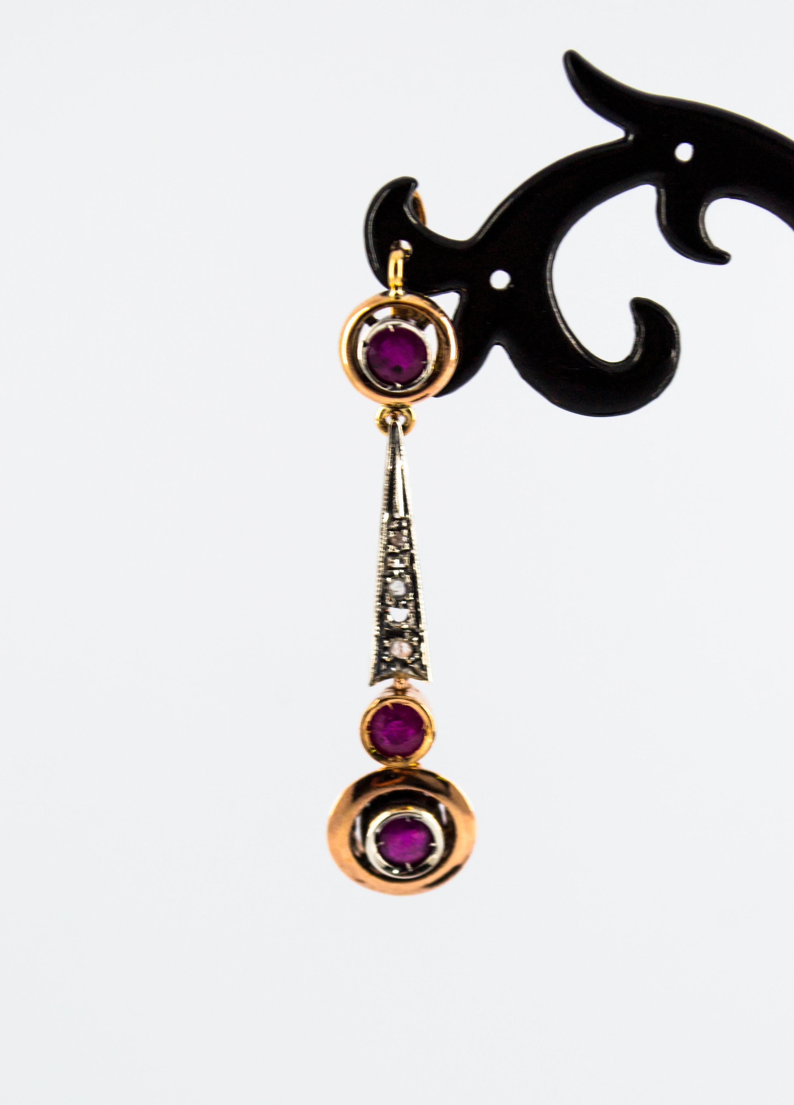 Art Deco Style 1.10 Carat Ruby White Diamond Yellow Gold Lever-Back Earrings For Sale 6