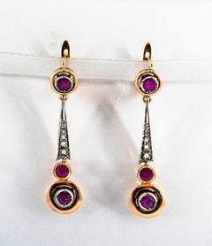 Boucles d'oreilles à levier en or jaune de style Art déco avec rubis et diamants blancs de 1.10 carat