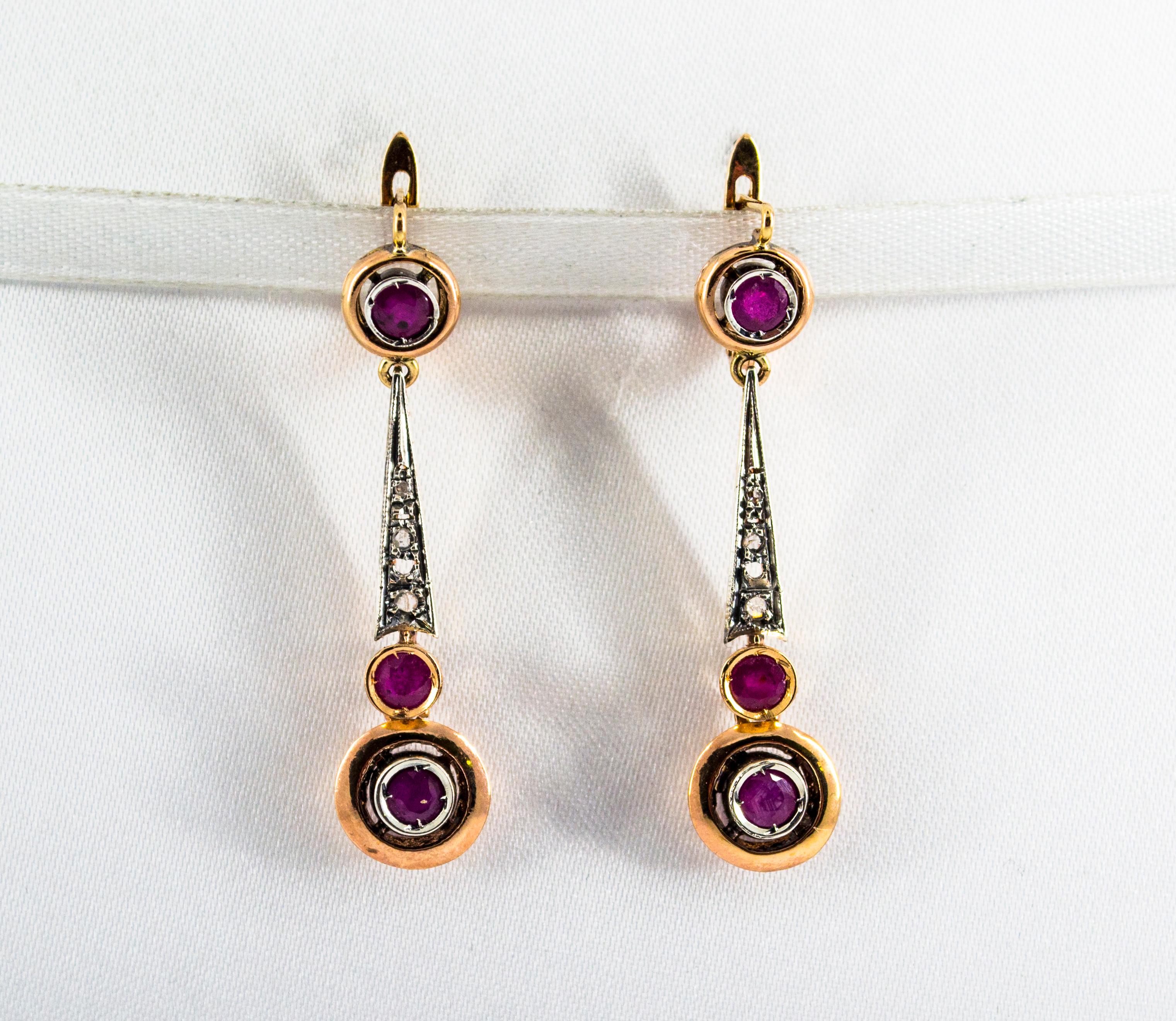 Rose Cut Art Deco Style 1.10 Carat Ruby White Diamond Yellow Gold Lever-Back Earrings For Sale