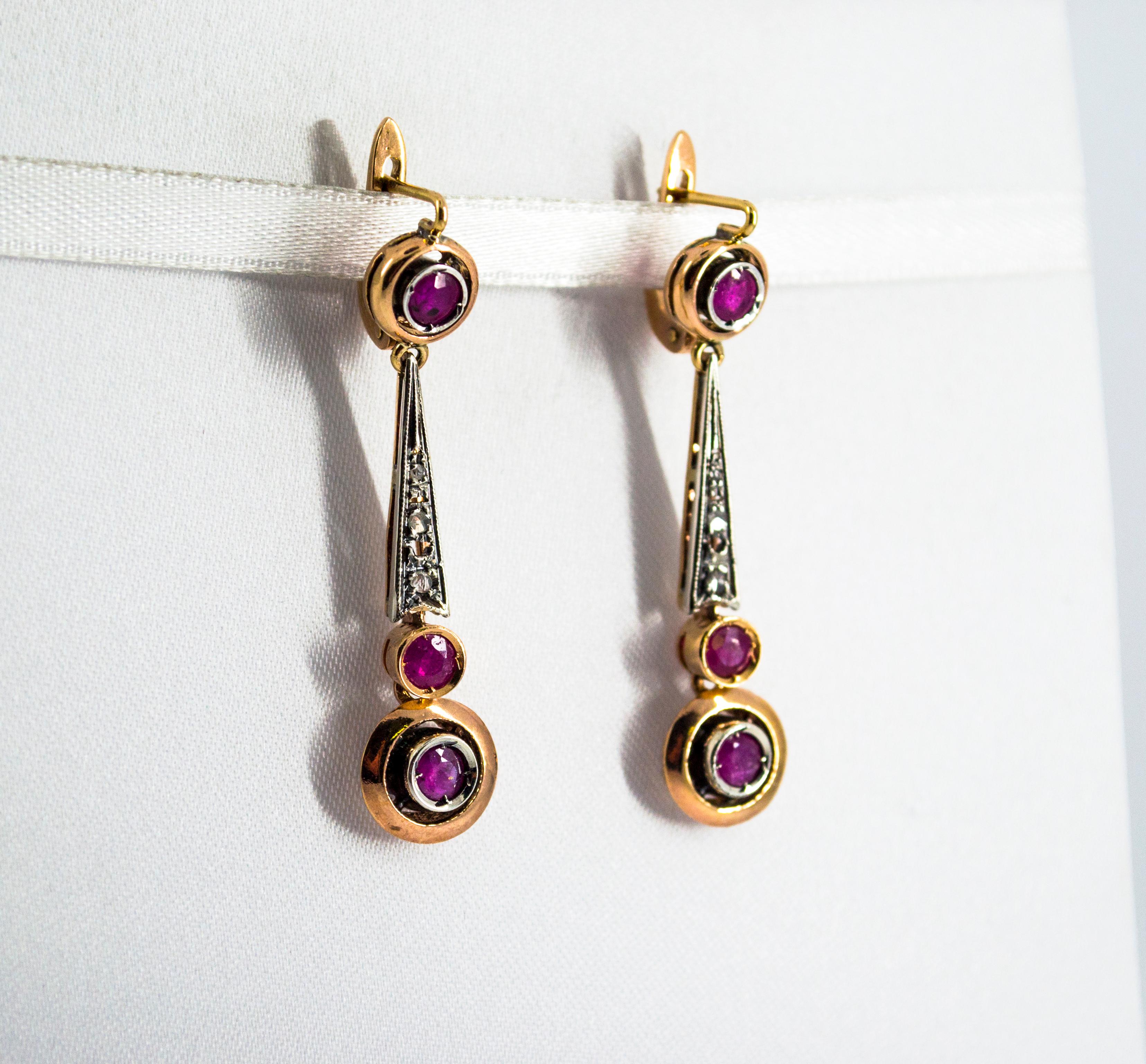 Art Deco Style 1.10 Carat Ruby White Diamond Yellow Gold Lever-Back Earrings In New Condition For Sale In Naples, IT