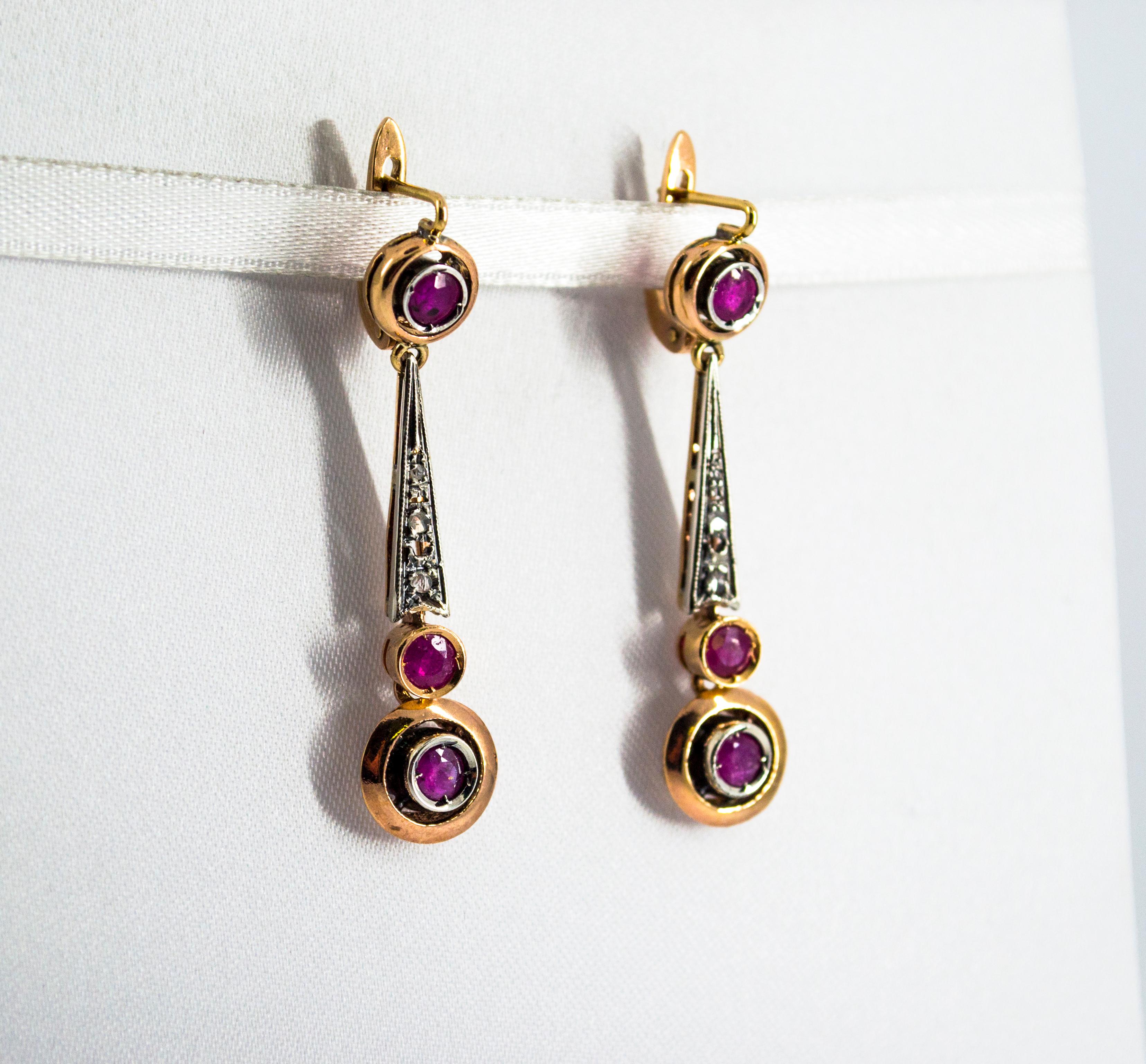 Taglio a rosa Orecchini a leva in oro giallo con diamante bianco e rubino da 1.10 carati in stile Art Deco in vendita
