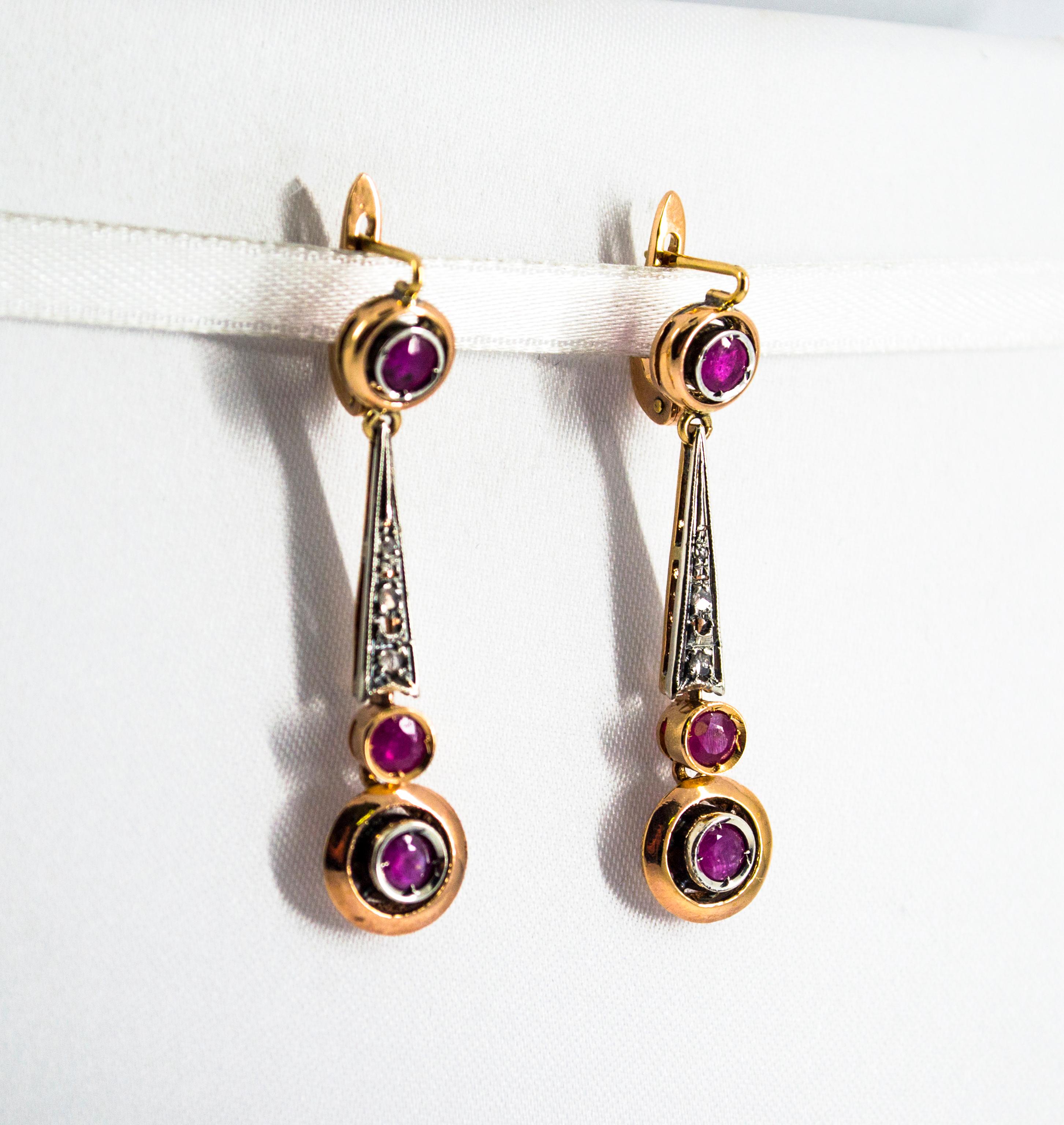 Boucles d'oreilles à levier en or jaune de style Art déco avec rubis et diamants blancs de 1.10 carat Unisexe en vente