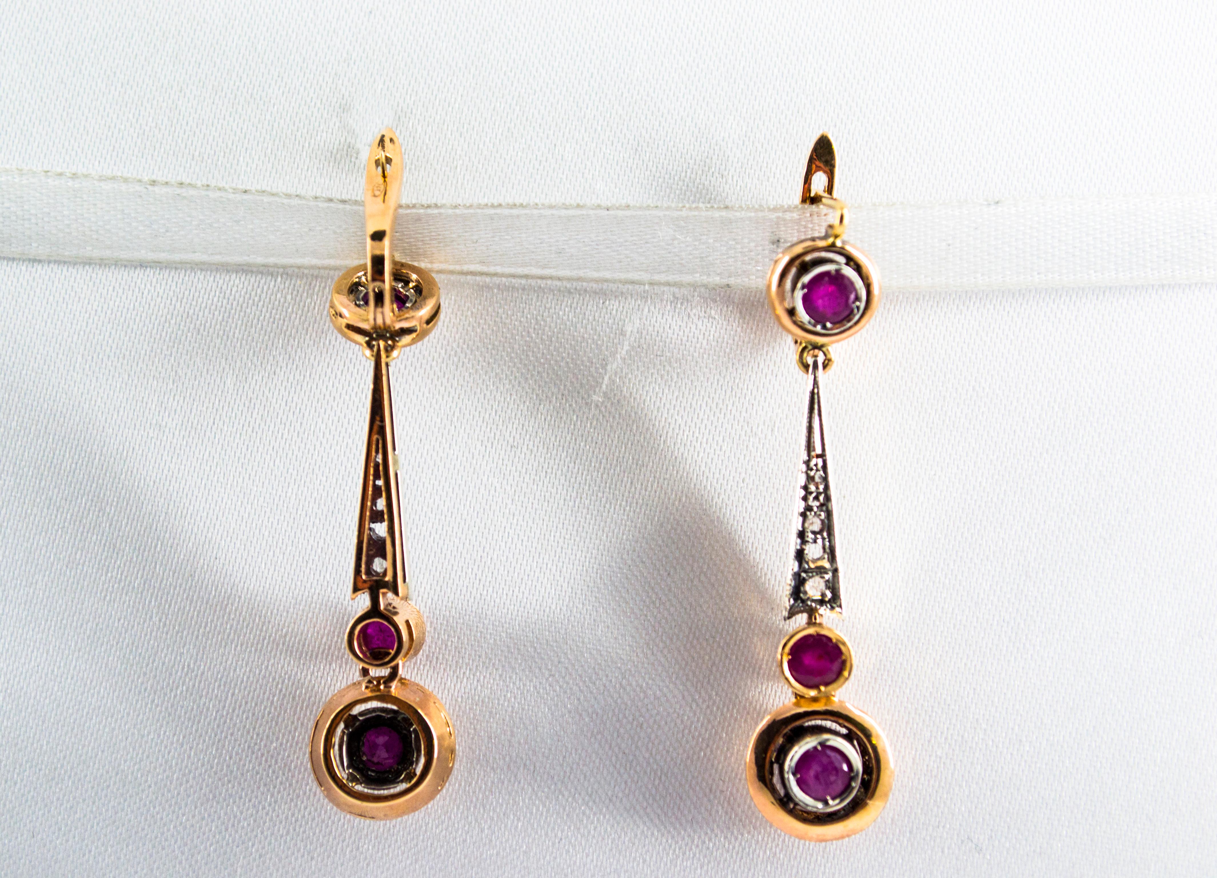 Art Deco Style 1.10 Carat Ruby White Diamond Yellow Gold Lever-Back Earrings For Sale 1