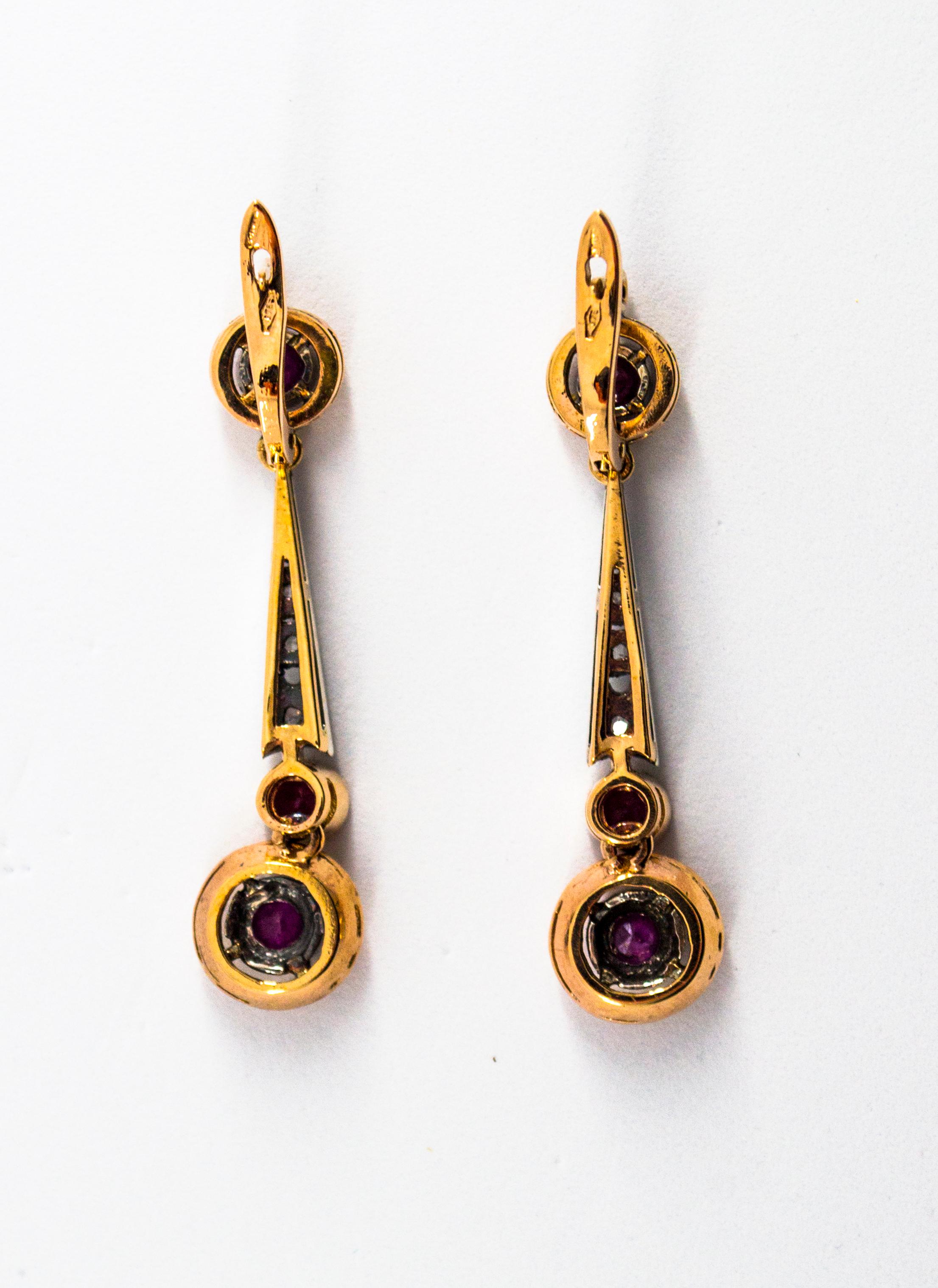 Art Deco Style 1.10 Carat Ruby White Diamond Yellow Gold Lever-Back Earrings For Sale 2