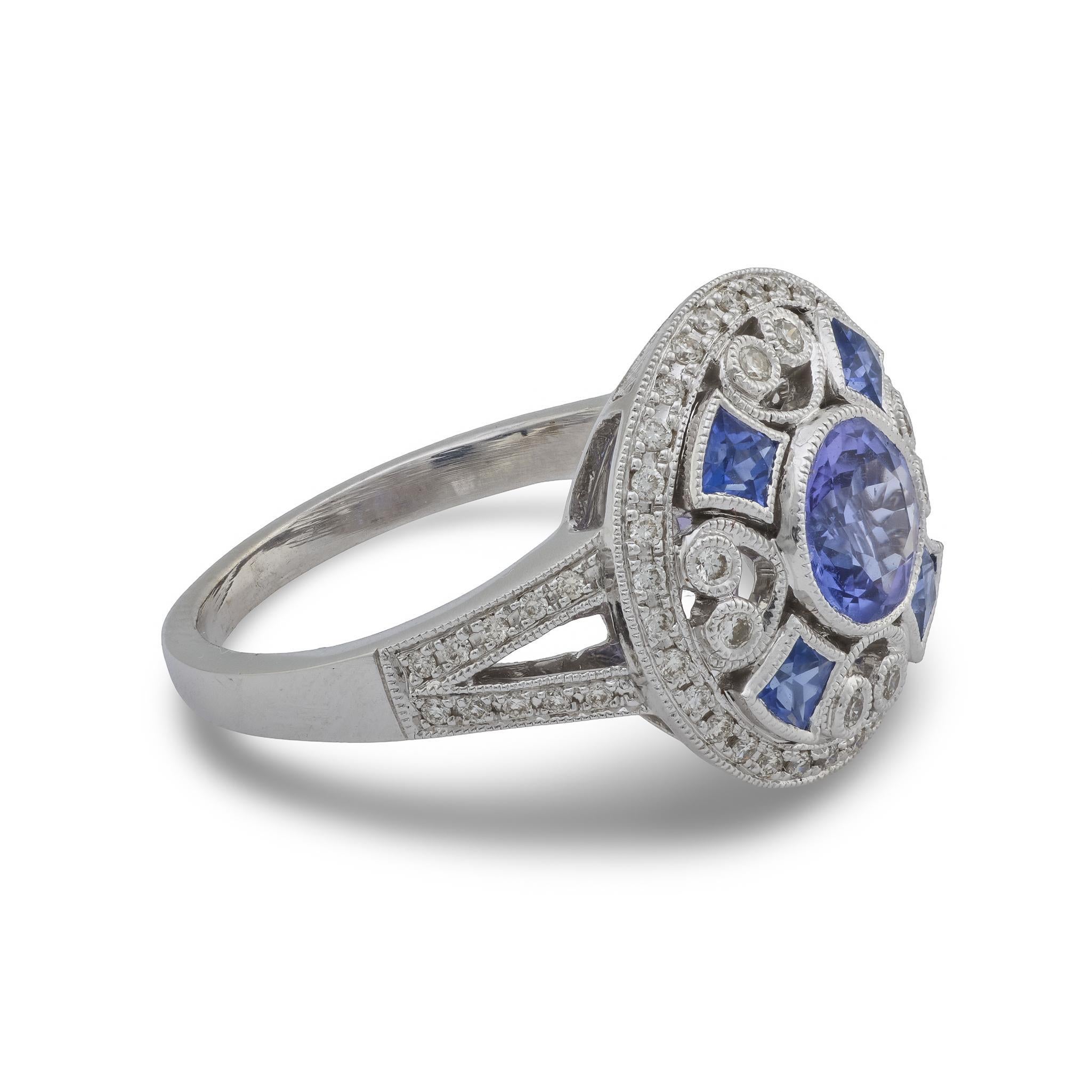 Anillo de cóctel de platino con diamante tanzanita de 1,10 quilates estilo Art Déco en Bueno estado para la venta en Beverly Hills, CA