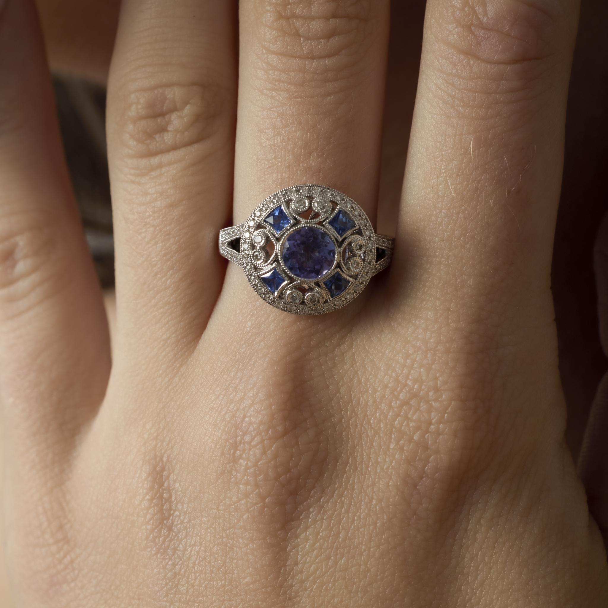 De las mujeres Anillo de cóctel de platino con diamante tanzanita de 1,10 quilates estilo Art Déco en venta