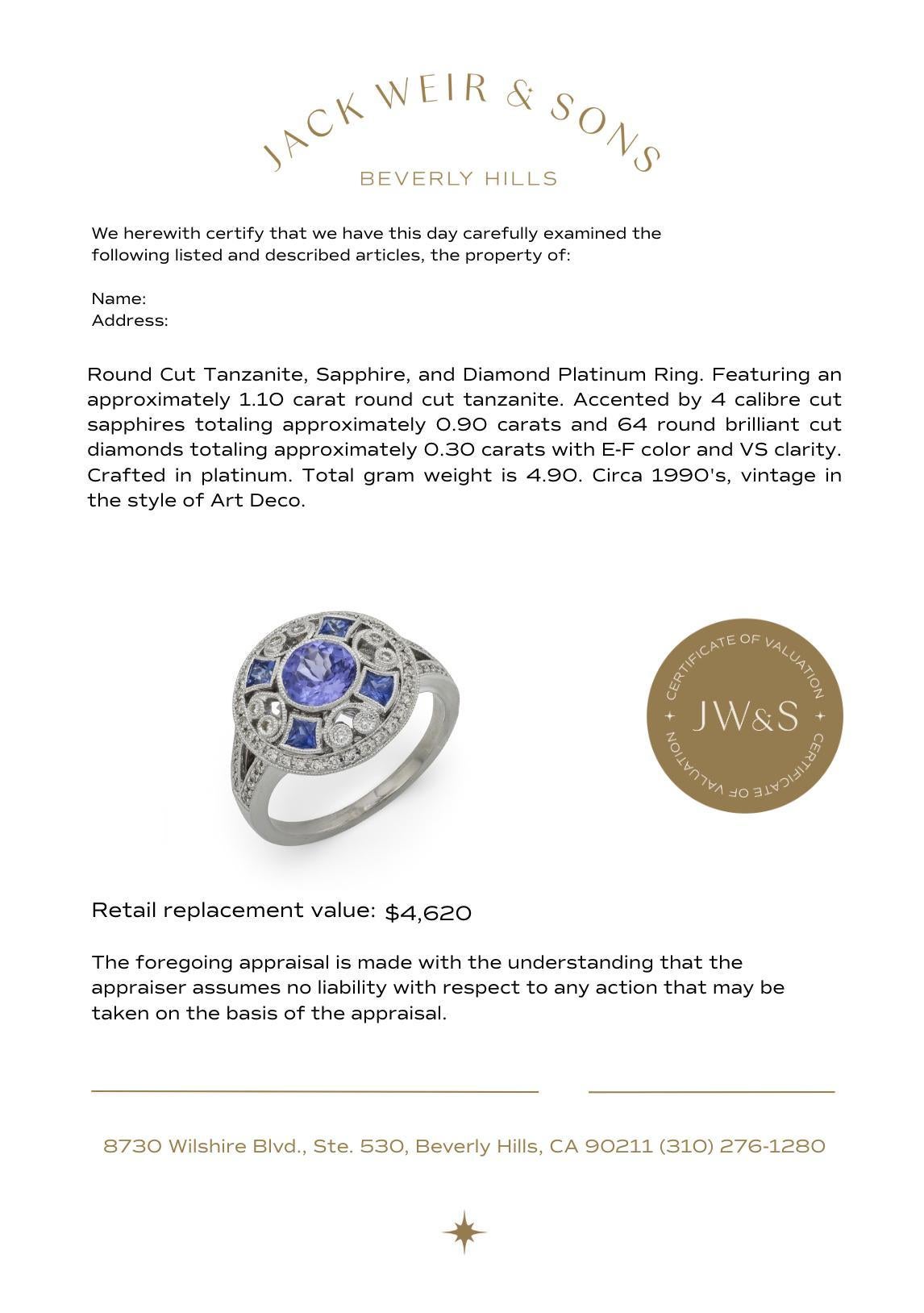 Anillo de cóctel de platino con diamante tanzanita de 1,10 quilates estilo Art Déco en venta 3