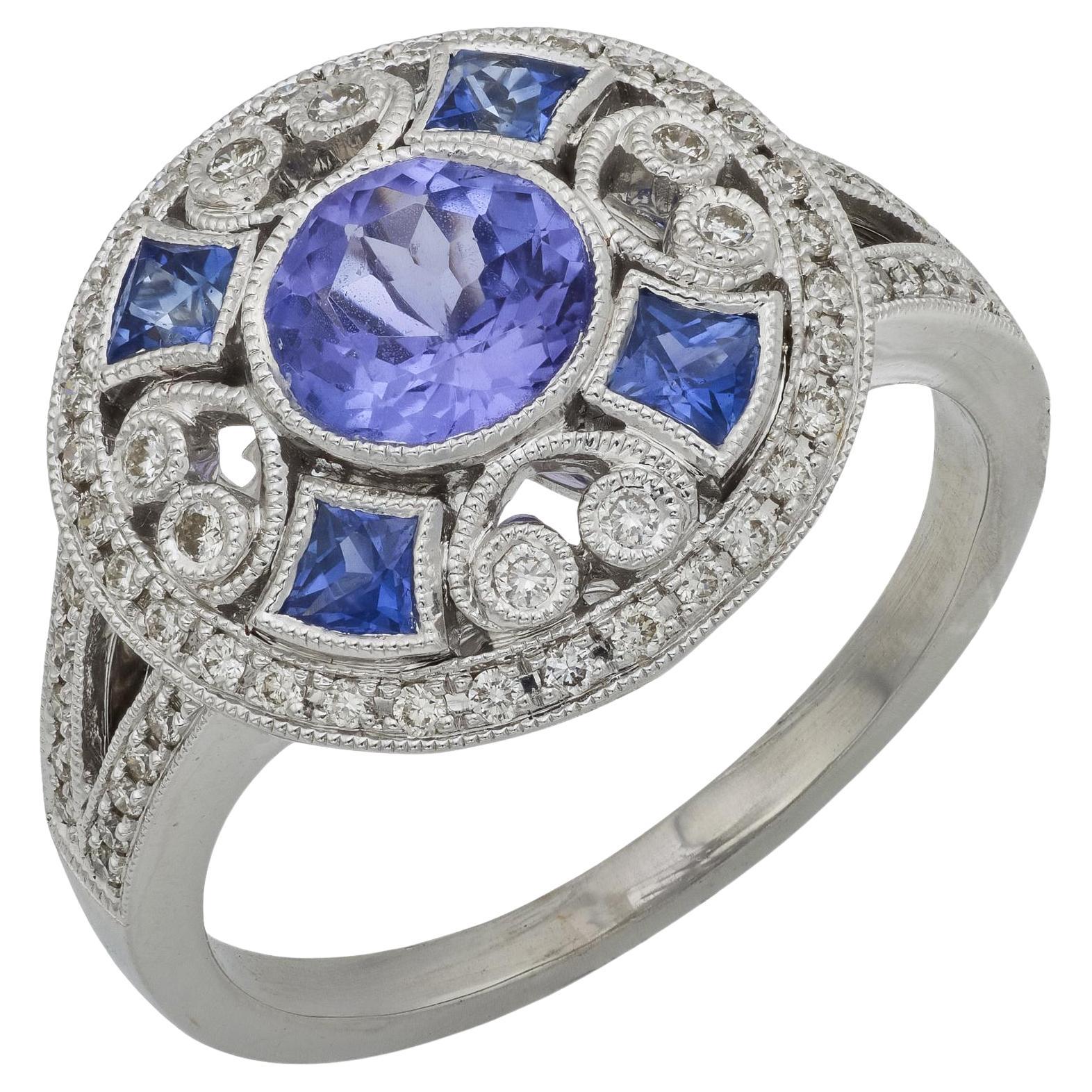 Anello cocktail in platino con tanzanite e diamanti da 1,10 carati in stile Art Deco