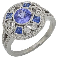 Anello cocktail in platino con tanzanite e diamanti da 1,10 carati in stile Art Deco
