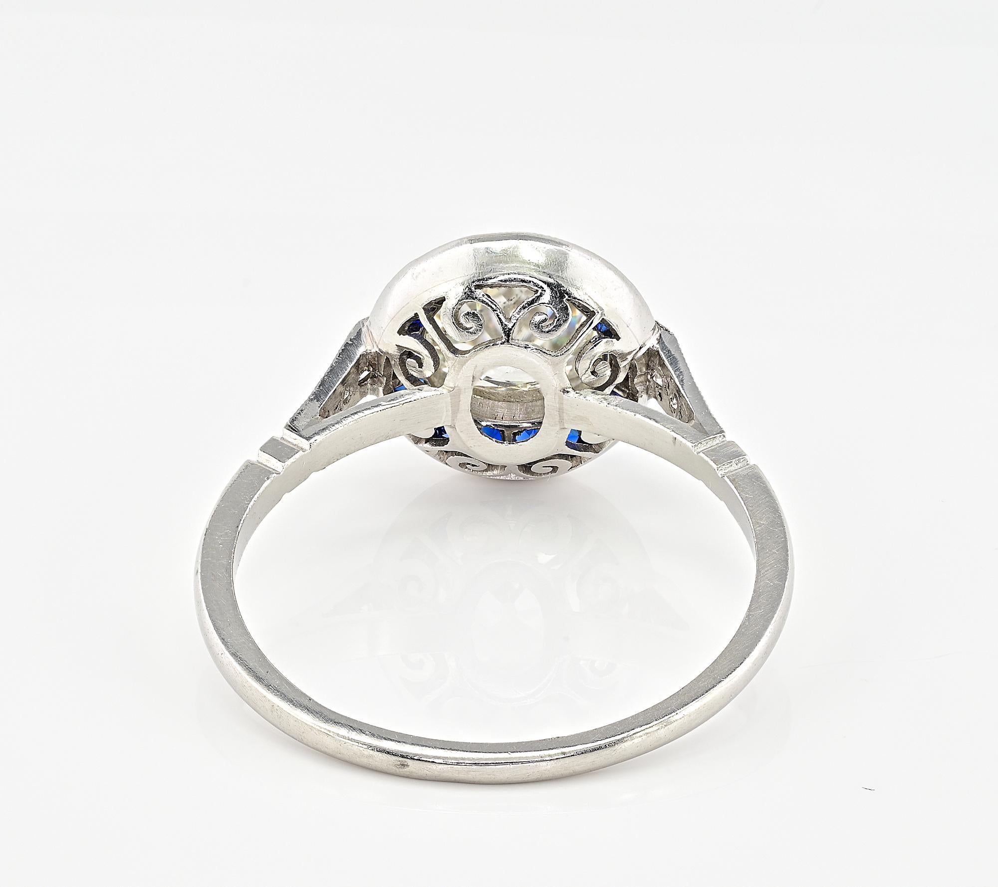 Art Deco Style 1.10 Ct Diamond Sapphire Solitaire Platinum Ring For Sale 4
