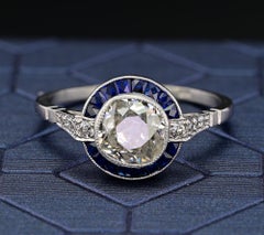 Art Deco Style 1.10 Ct Diamond Sapphire Solitaire Platinum Ring