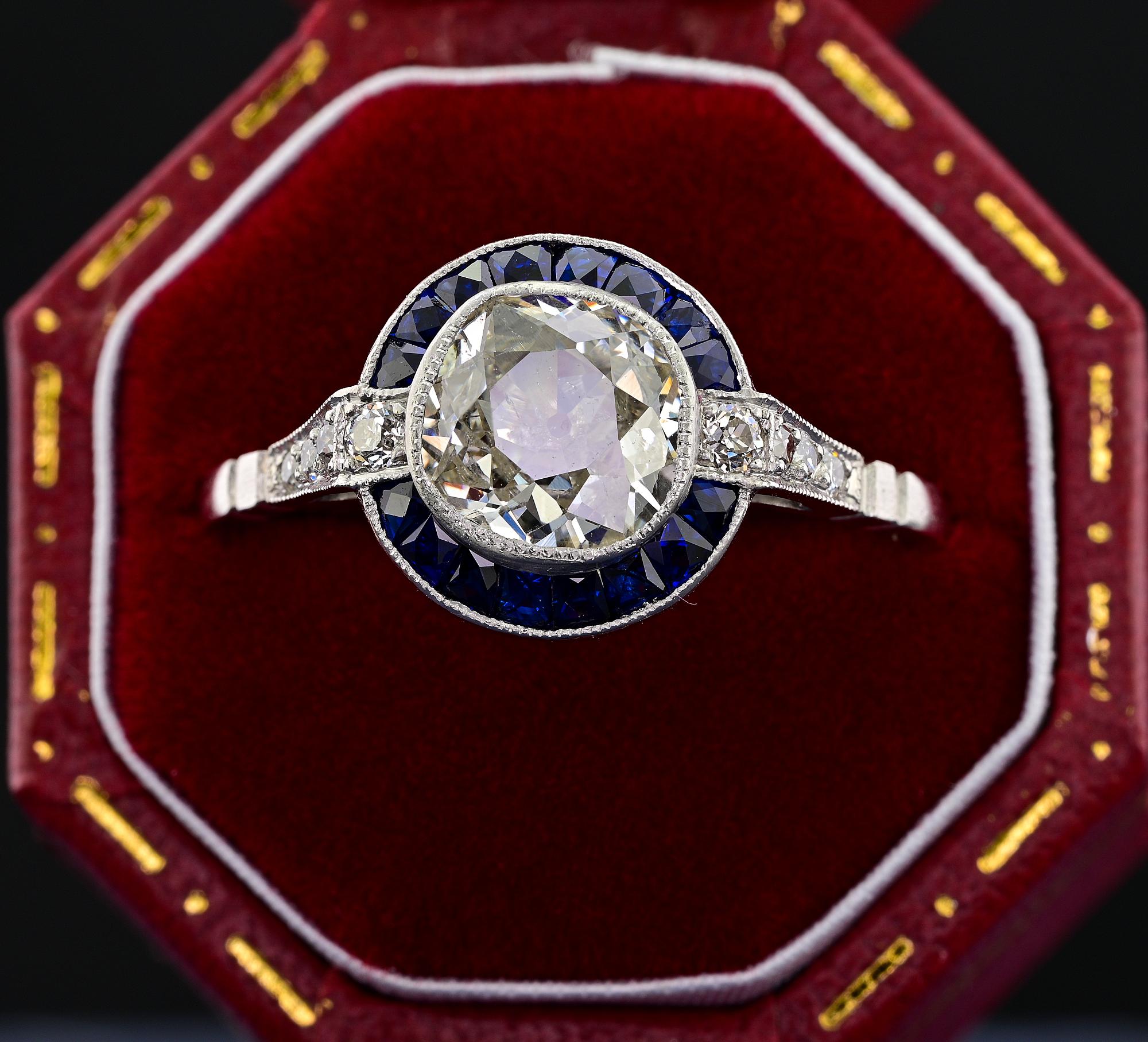 Contemporary Art Deco Style 1.10 Ct Diamond Sapphire Solitaire Platinum Ring For Sale