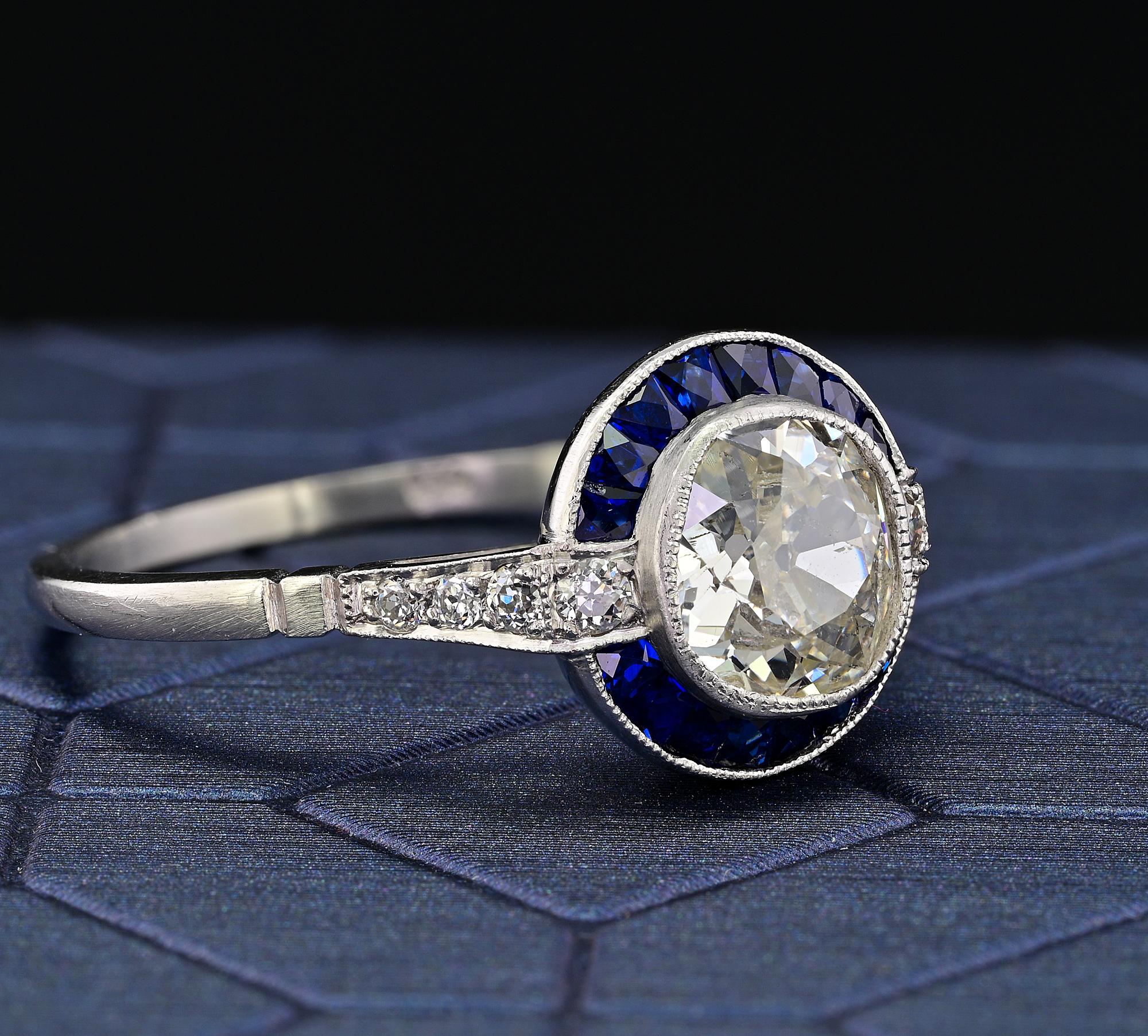 Art Deco Style 1.10 Ct Diamond Sapphire Solitaire Platinum Ring In Good Condition For Sale In Napoli, IT