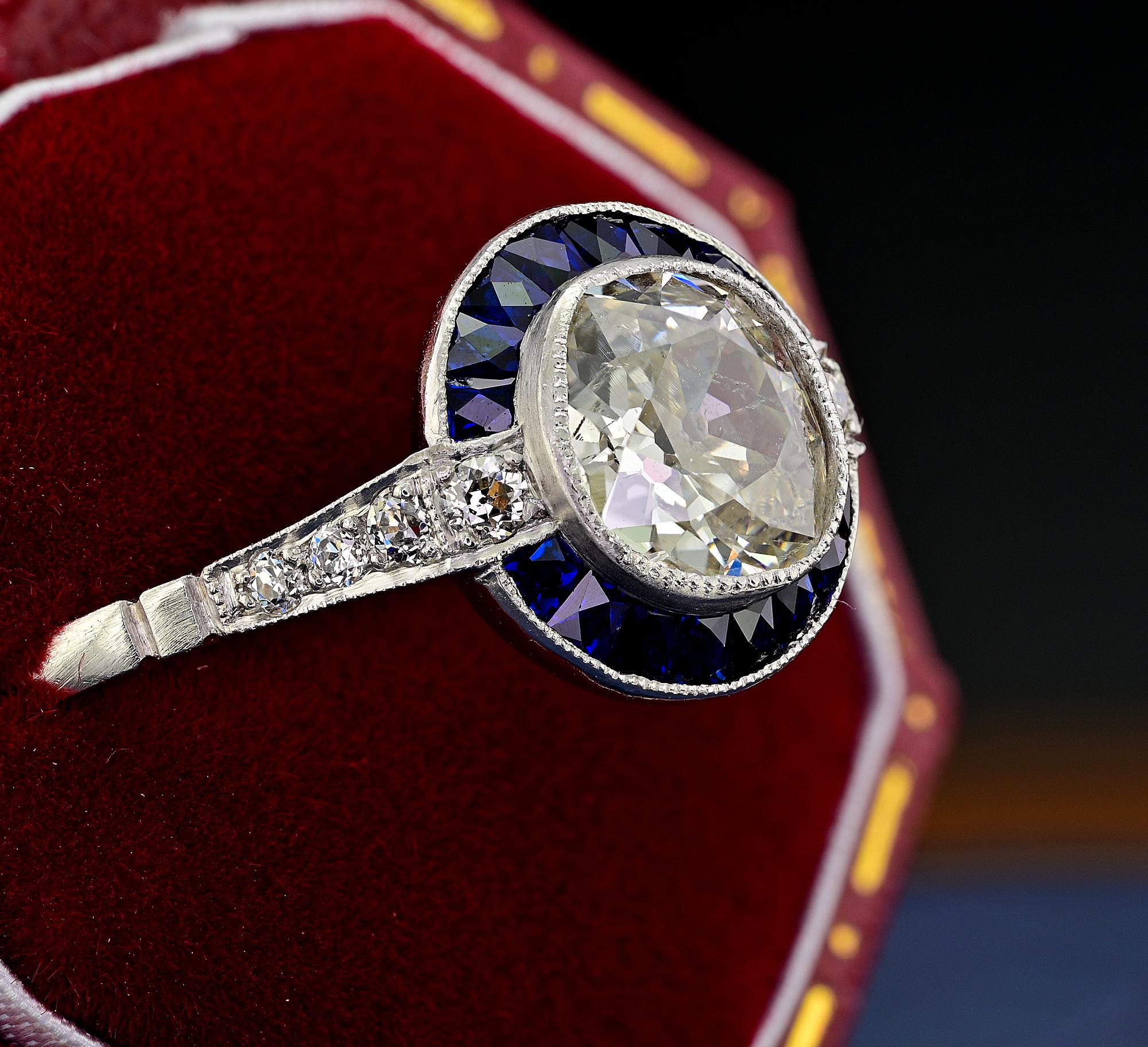Women's Art Deco Style 1.10 Ct Diamond Sapphire Solitaire Platinum Ring For Sale