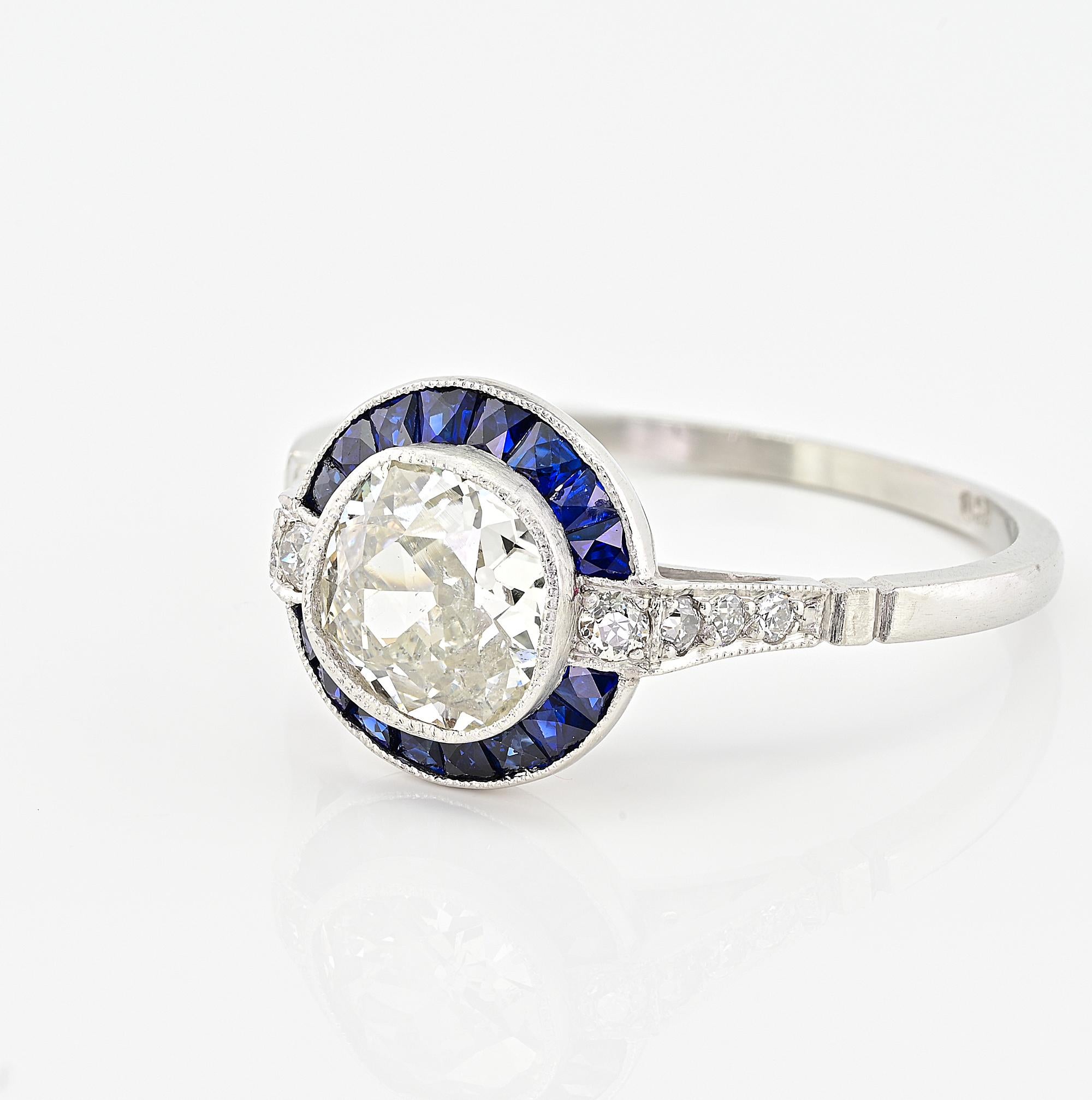 Art Deco Style 1.10 Ct Diamond Sapphire Solitaire Platinum Ring For Sale 1