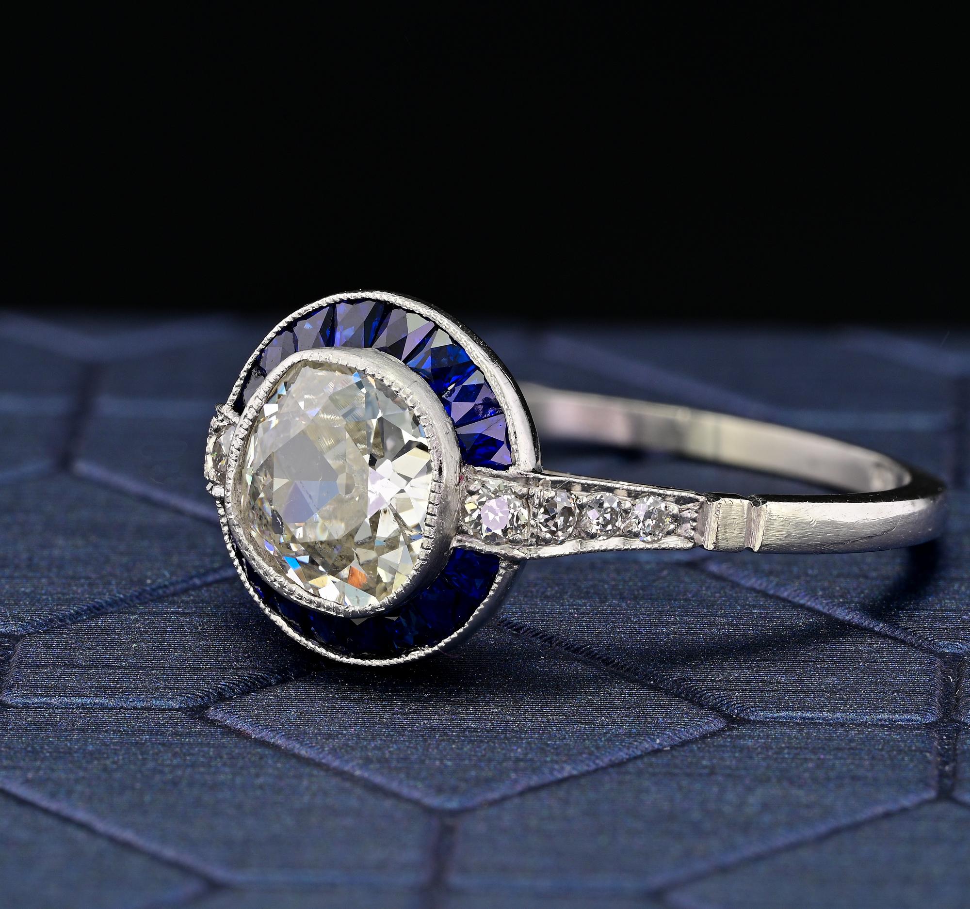 Art Deco Style 1.10 Ct Diamond Sapphire Solitaire Platinum Ring For Sale 2