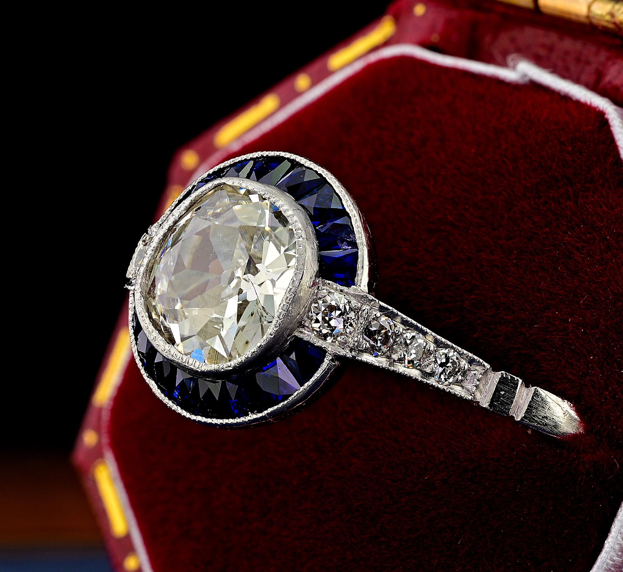 Art Deco Style 1.10 Ct Diamond Sapphire Solitaire Platinum Ring For Sale 3