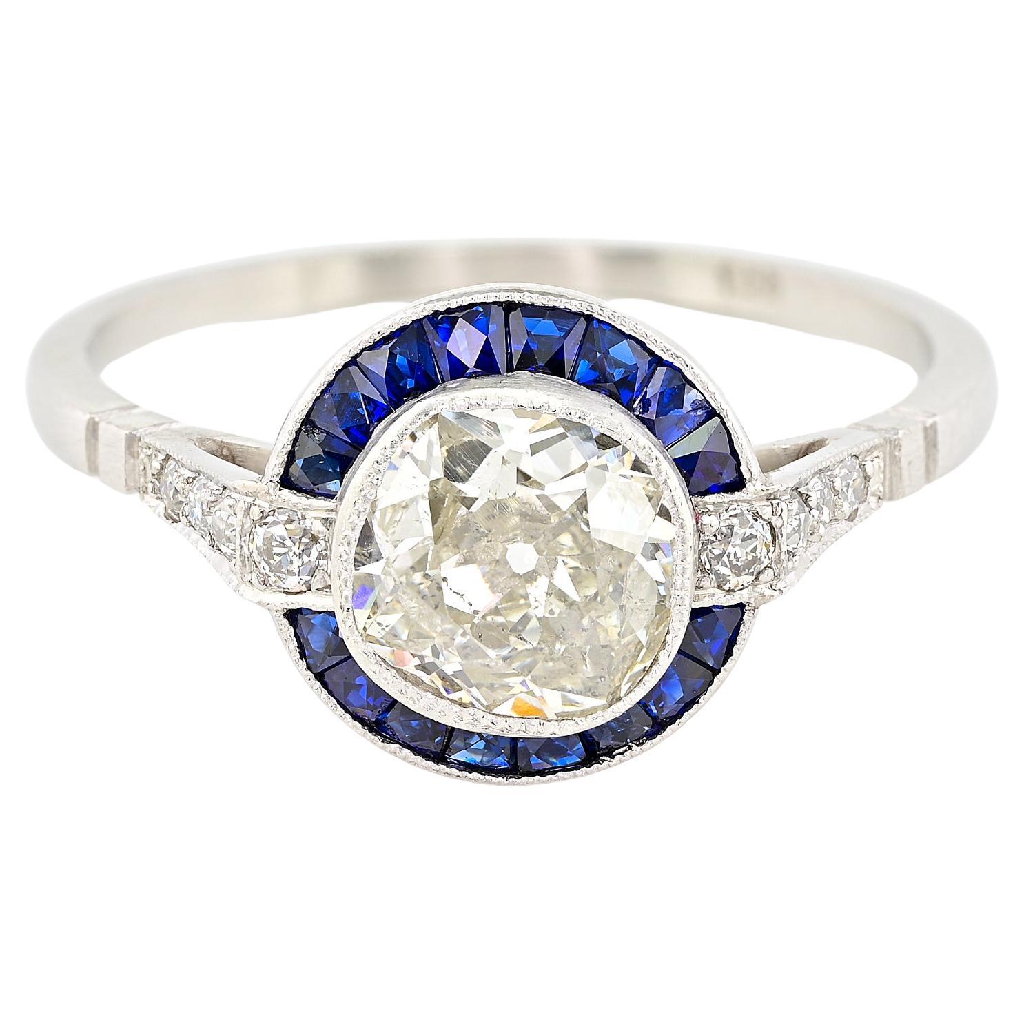 Art Deco Style 1.10 Ct Diamond Sapphire Solitaire Platinum Ring