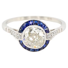 Vintage Art Deco Style 1.10 Ct Diamond Sapphire Solitaire Platinum Ring