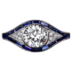 Anello Target con diamanti e zaffiri GIA da 1,10 ct in oro bianco 14 carati in stile Art Deco