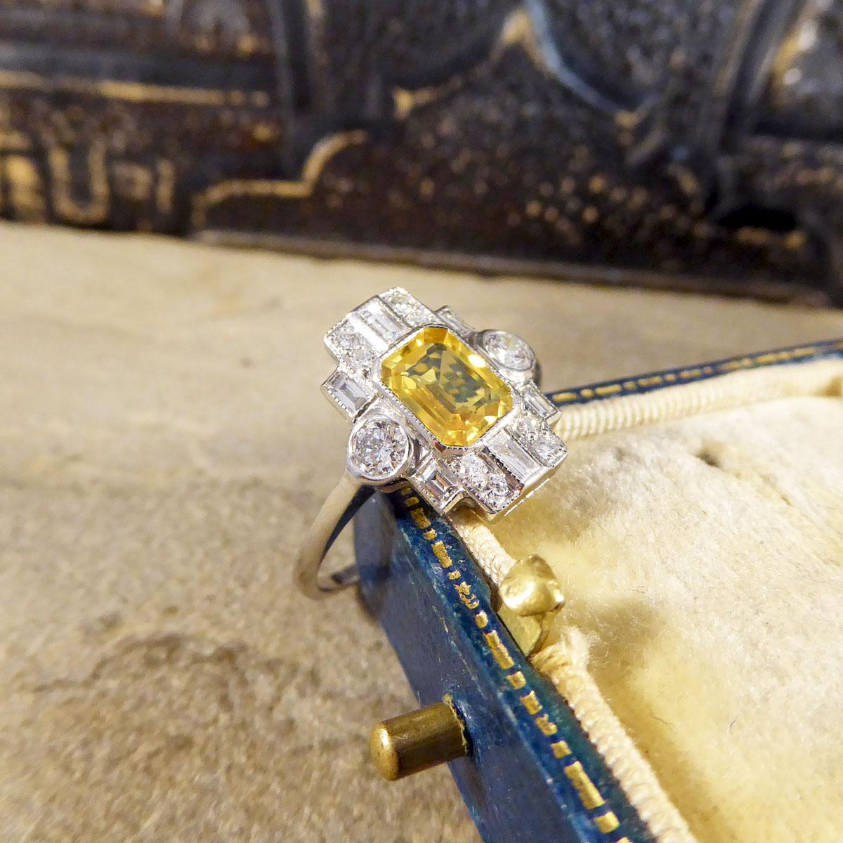 Art Deco Style 1.10ct Yellow Sapphire and Diamond Geometric Cluster Ring in Plat 2